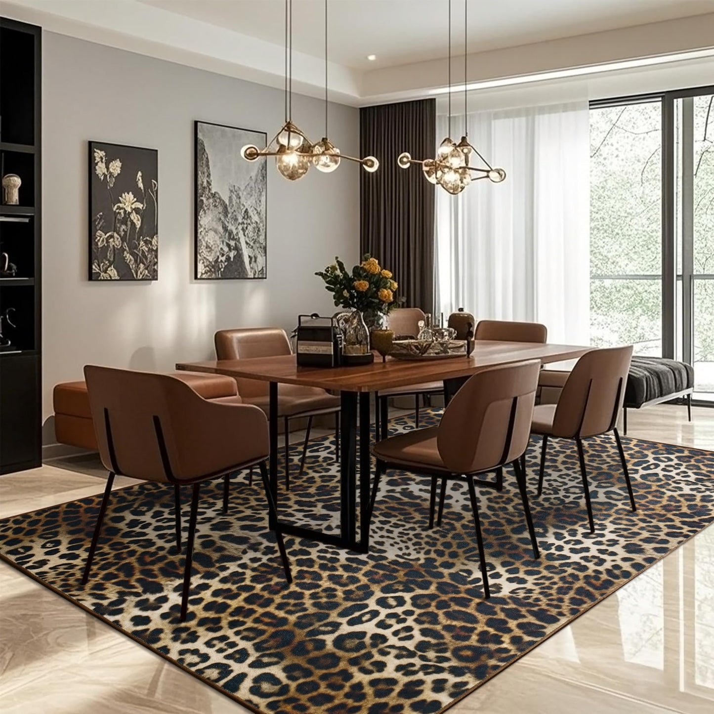 Foxmas Leopard Area Rugs for Living Room, 5x7 Feet Machine Washable Cheetah Print Rug, Non-Slip Indoor Floor Animal Rug, Carpet for Bedroom Dining Room Laundry Room Kitchen Home Office, Dark Brown