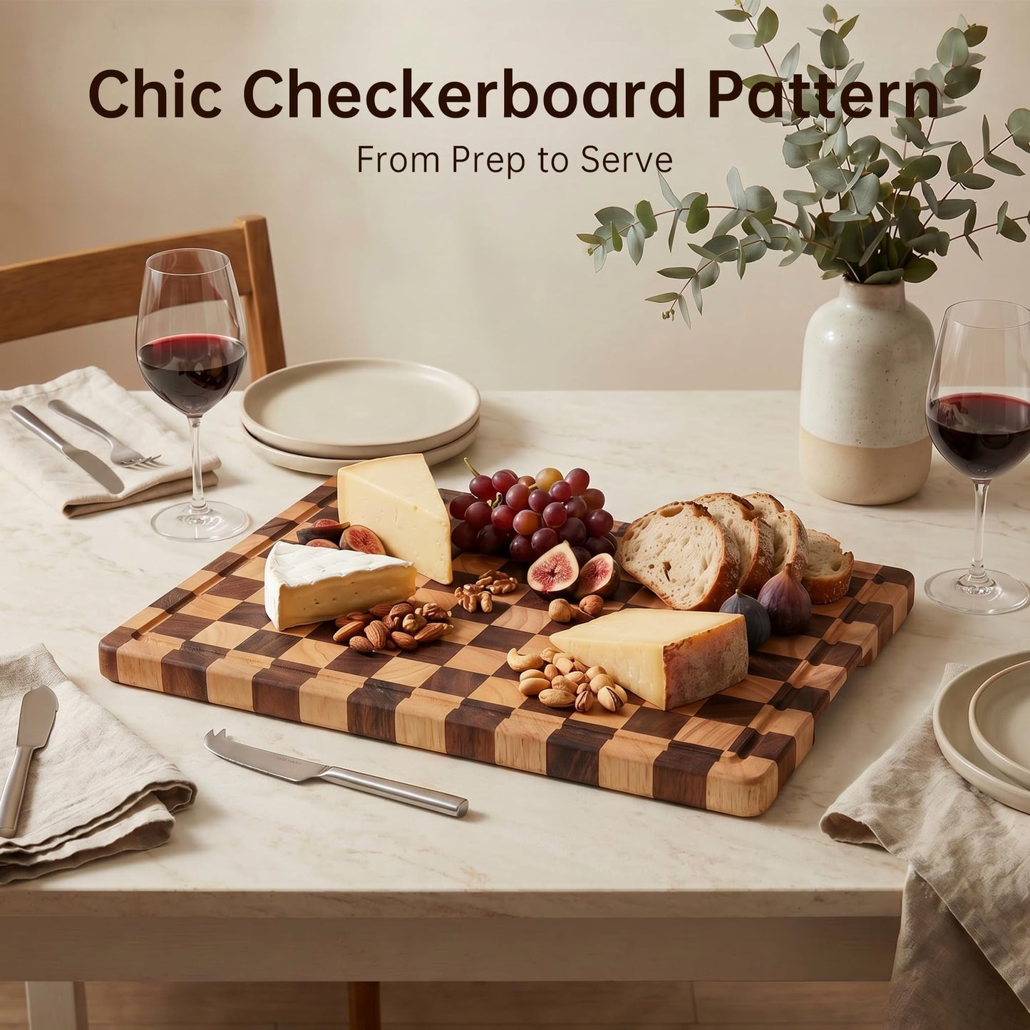 THETCHRY Cutting Boards for Kitchen, Checkered Cutting Board Upgraded, Acacia Wood Chopping Board with Juice Grooves & Handles, Large Butcher Block Serving Tray with Gift Box, 17"X12"X0.8"