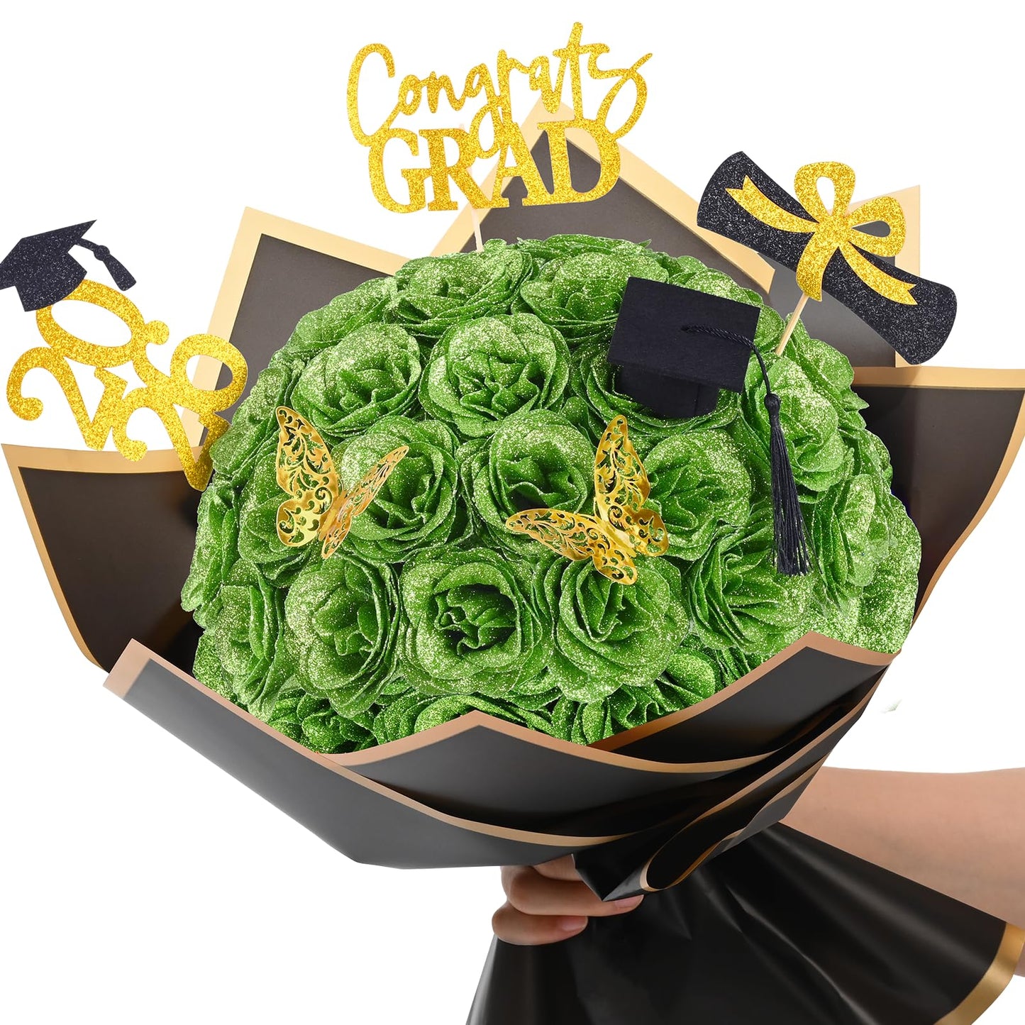 Waipfaru 2026 Graduation Gift for Her, Glitter Roses Bouquet for Graduation, DIY Fake Flowers Bouquet with Graduation Stand-Up Signs, 36 Blue Roses, for High School/College/Middle School Grads