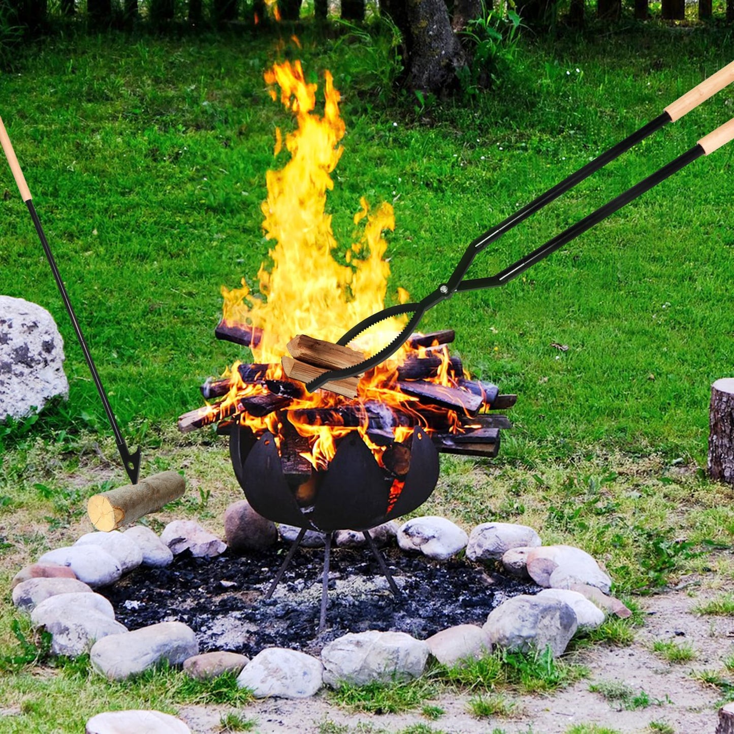 USENIOR 42" Fire Tongs Firewood Log Grabbers and Fire Poker Set, Portable Detachable Heavy Duty Large Fire Tongs Fire Poker Tools Set for Fire Pit, Fireplace, Camping, Bonfires Outdoor/Indoor