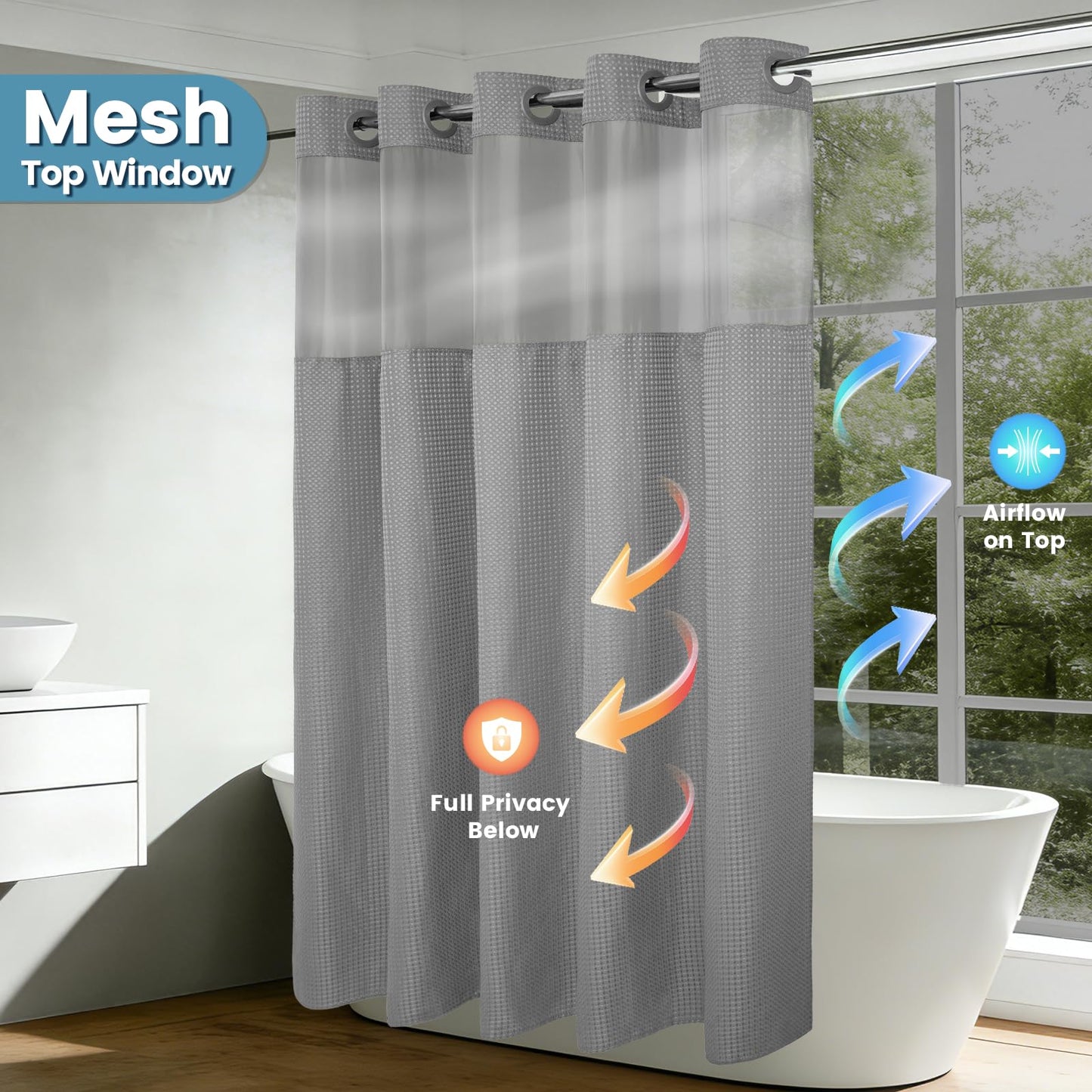 EUTXL Heavyweight Stall No Hook Shower Curtain with Snap in Liner,256GSM Waffle Weave Shower Curtains for Bathroom,60W x 74H,Grey