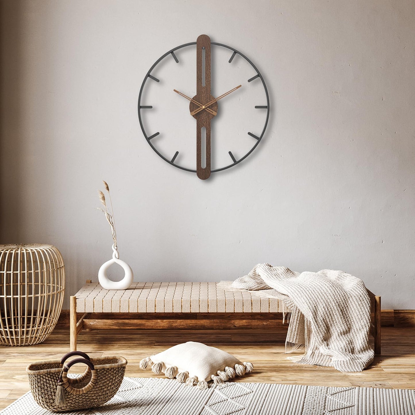 DAYDAYART Modern Walnut Dial Wall Clock, Wood Large Wall Clock Decor Metal Frame Silent Non Ticking for Living Room, Bedroom, Kitchen, Study Decoration, Handmade Home Present Idea, 20 in （50 cm）