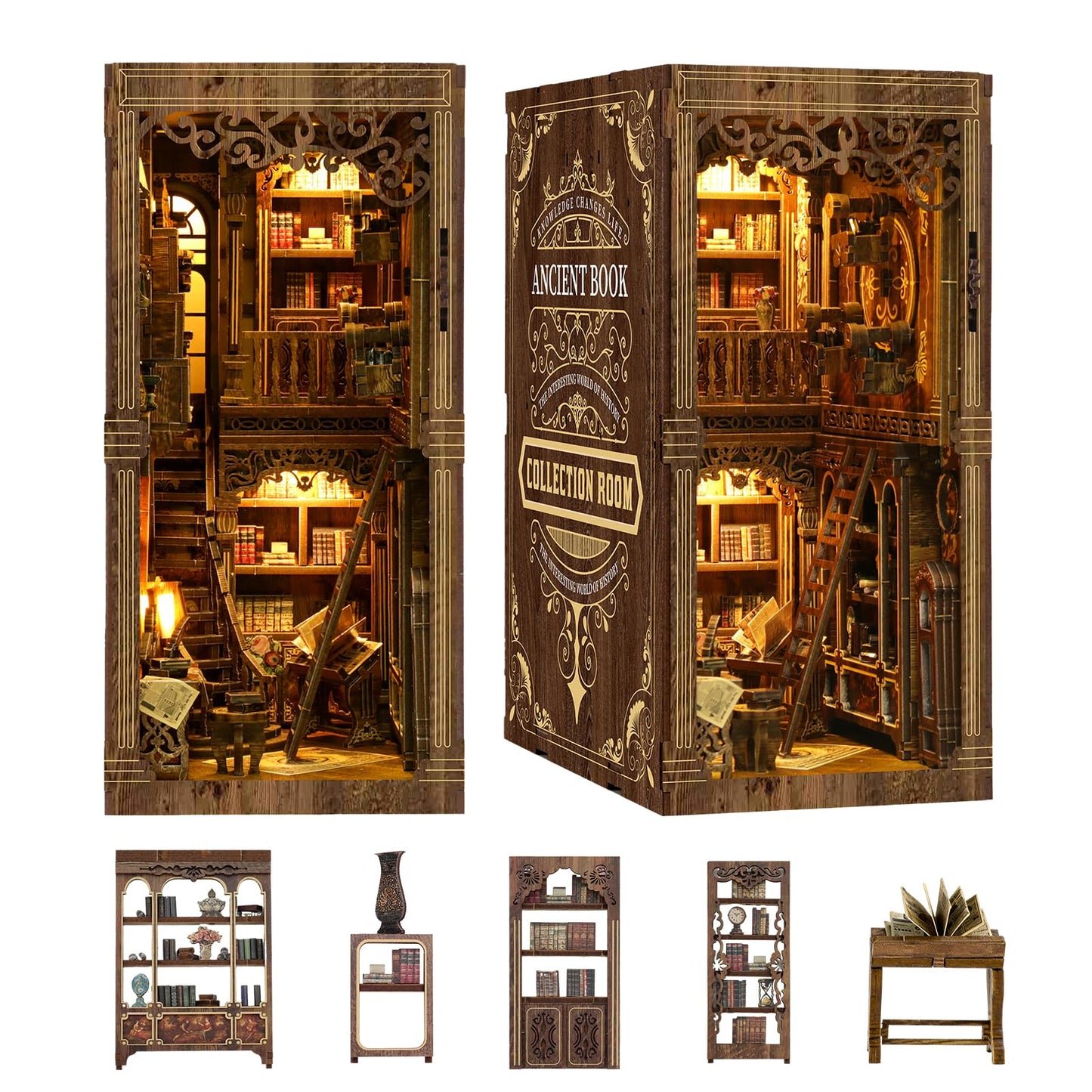 Book Nooks for Adults, Book Nook Library Dollhouse Book Nook Kit, Model Kits Craft Kits for Adults, 3D Wooden Puzzle Book Nook Craft Bookshelf Dec (3D-Ancient Books)