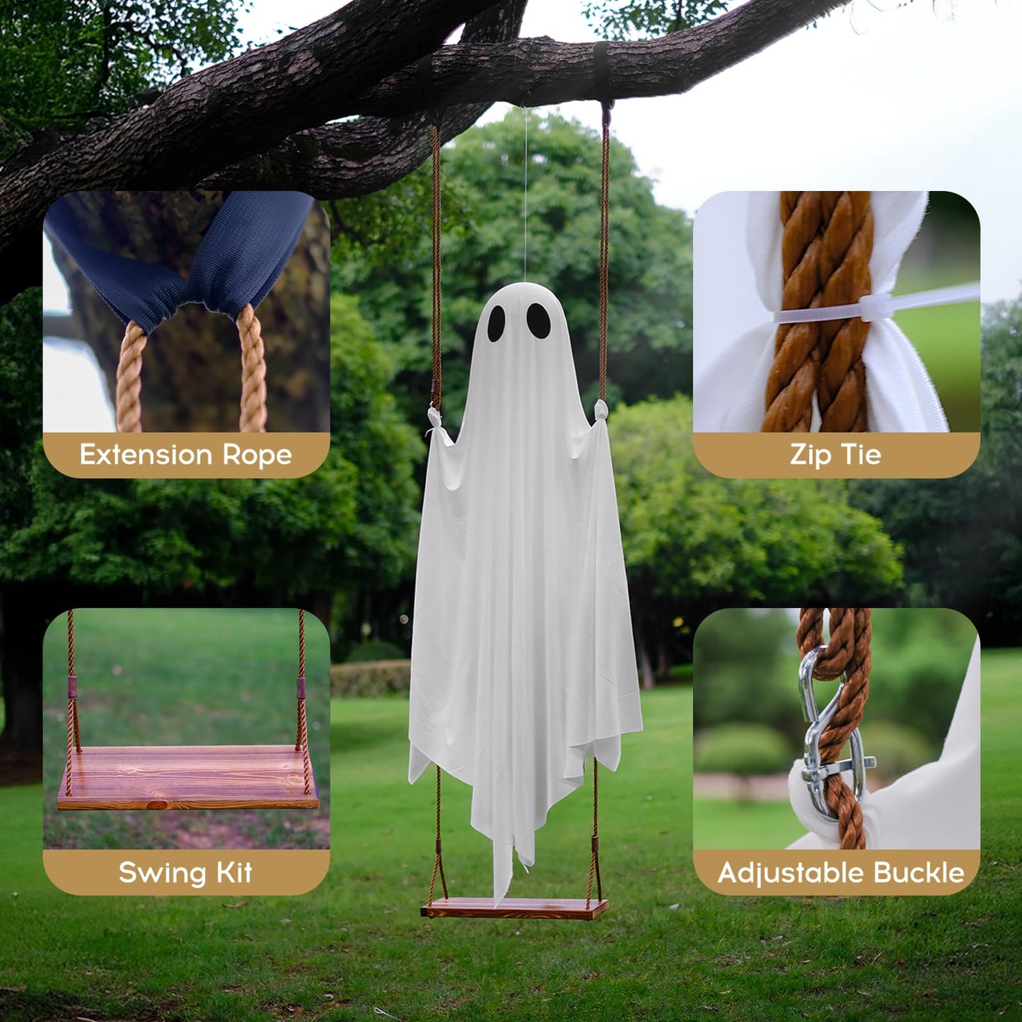 HKBAYI Halloween Decorations Outdoor - 5FT Large Hanging Ghost Swing with Remote Control String Lights & Upgraded Sheet, Scary Ghost Halloween Party Decor Outside for Tree Porch Yard Garden Lawn