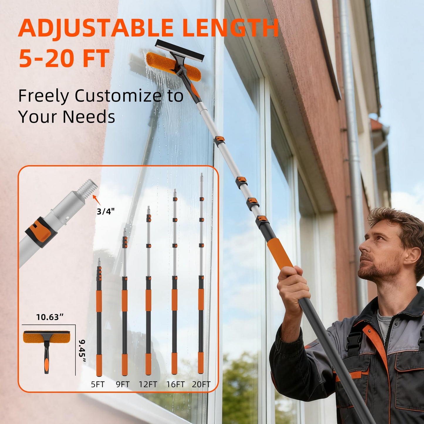 26FT High Window Cleaning Kit with Pole, 2-in-1 Window Squeegee with 5-20 FT Telescoping Extension Pole - Professional Window Washing Kit with Long Handle, Multi-Use Cleaning Tool for High Windows