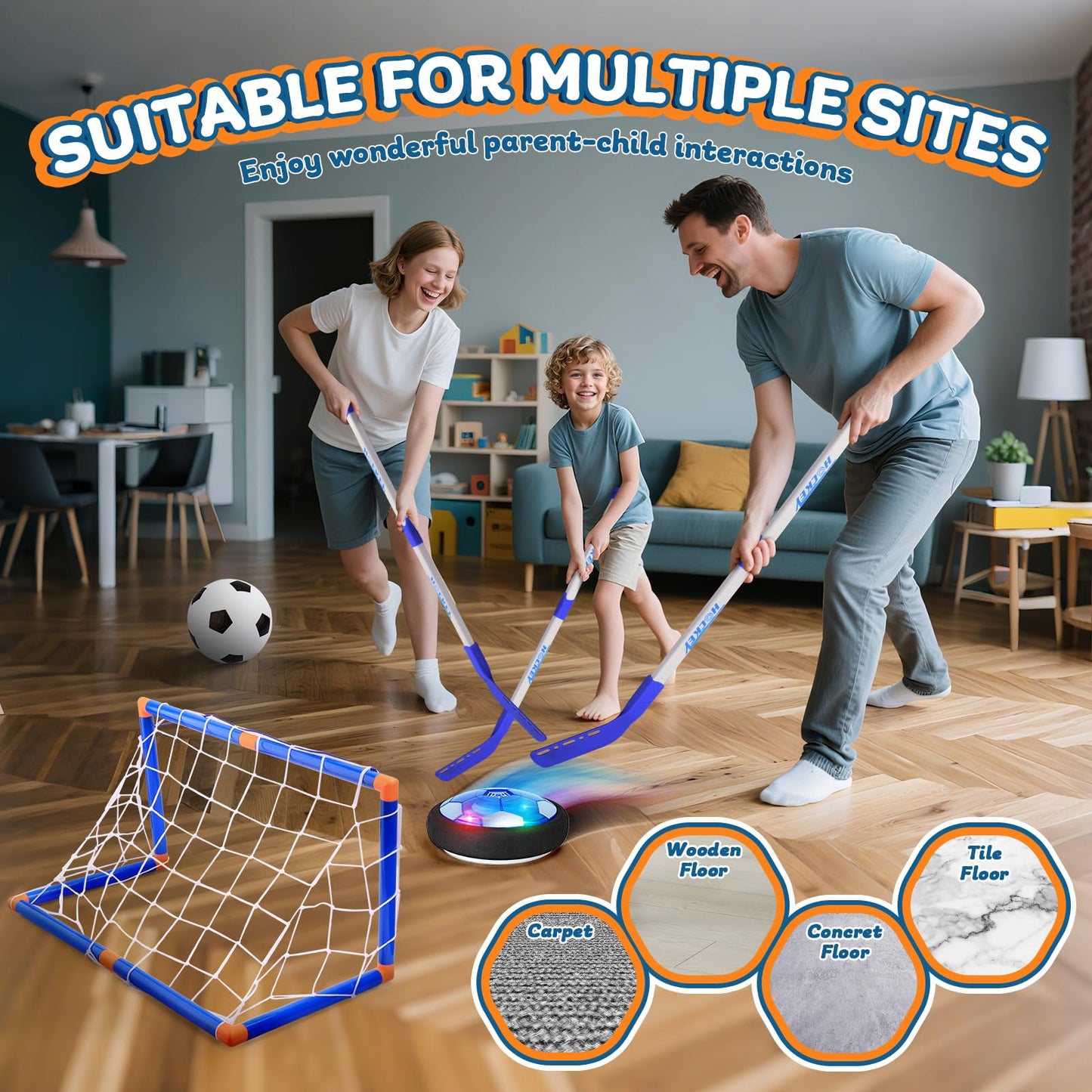 Nazano 3-in-1 Hover Hockey Soccer Ball Set for Kids, Boys Birthday Gifts, Hockey Toys for Boys 6-8 8-12, LED Lights, Indoor Outdoor Sport Ball Game Toy, Ideal Soccer Gifts for Kids Girls