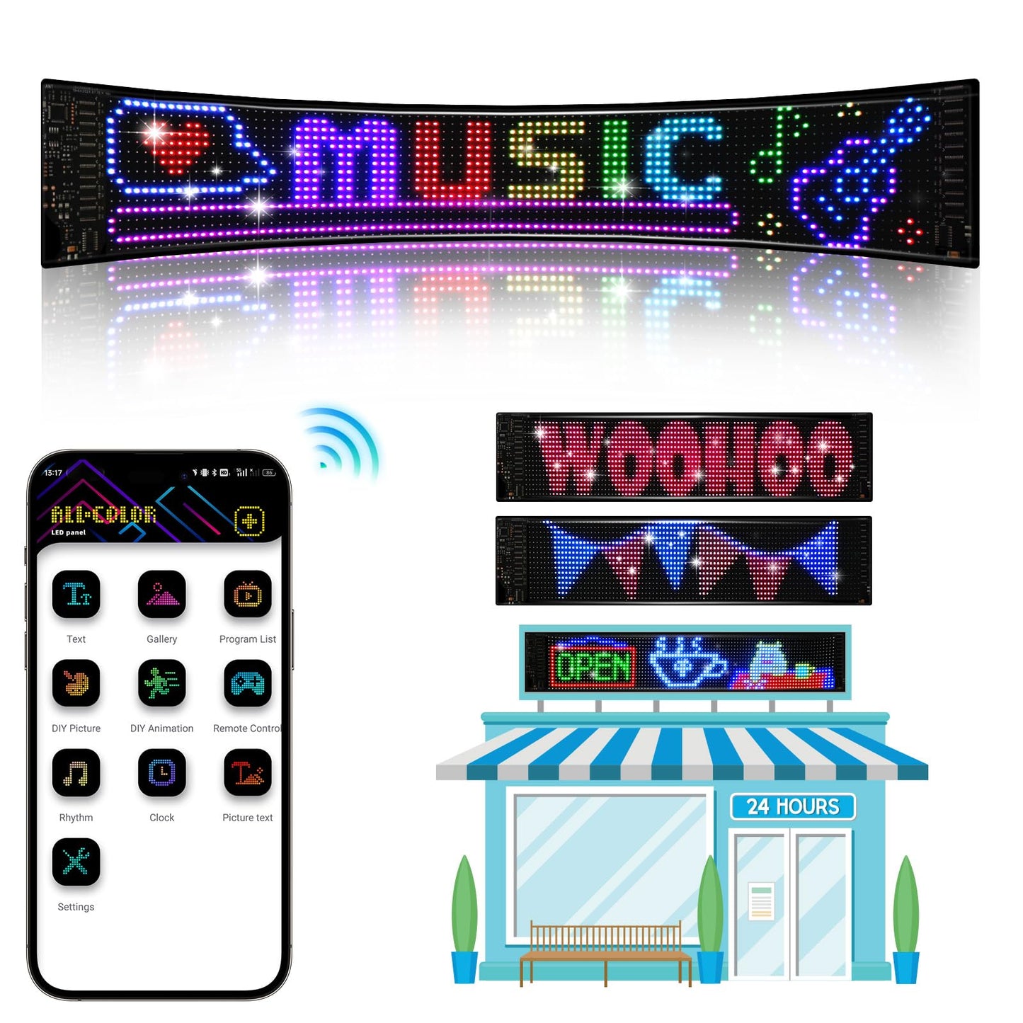 Eachbid Programmable Scrolling LED Sign, 23.4"x4.7", USB Flexible Digital Sign, APP Control, Custom DIY Editor Text, Patterns, Animations, for Car, Store, School, Hotel