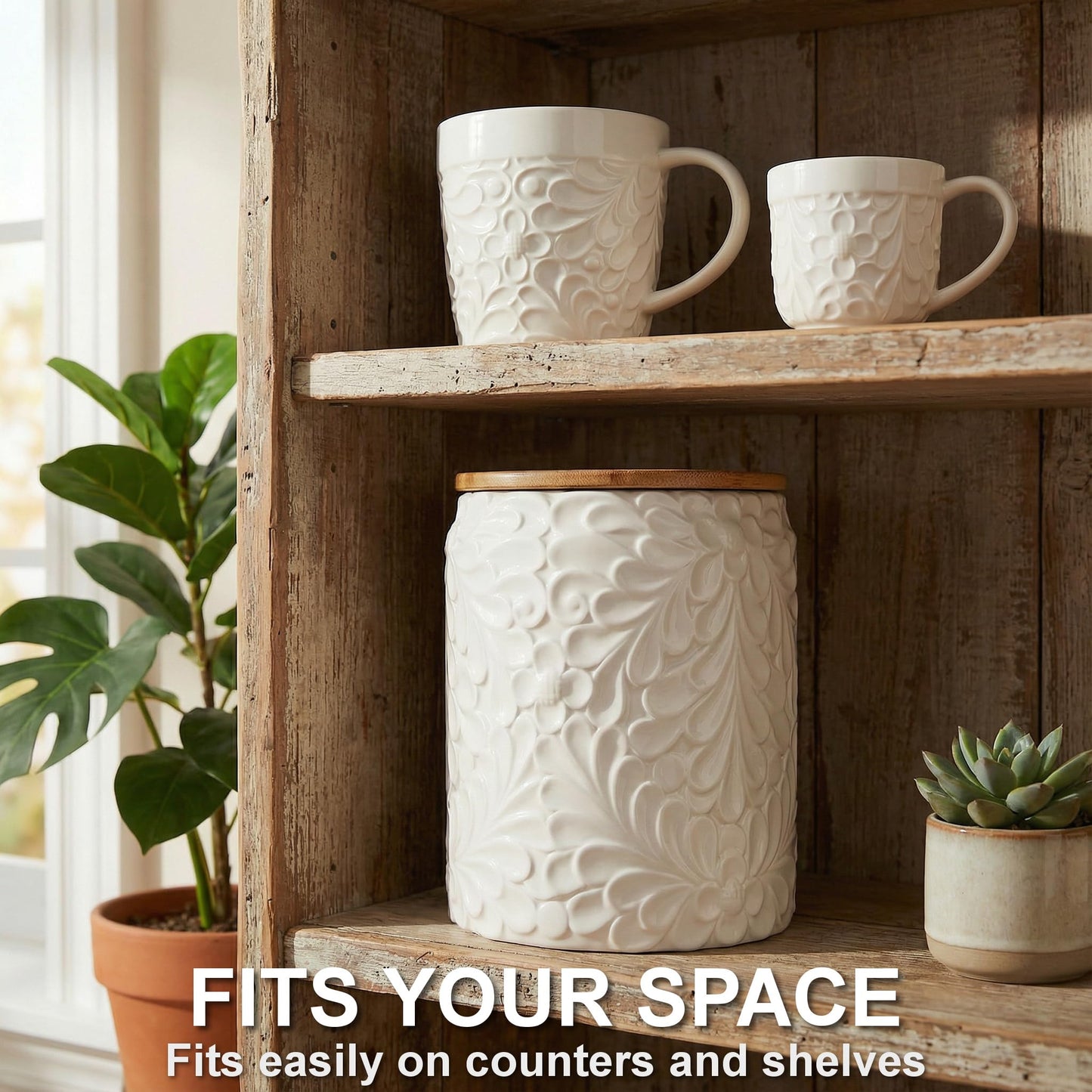XXL 94 Oz Engraved Ceramic Kitchen Canister - Storage Jars with Airtight Lids Made from Bamboo with Nature-Inspired Engraving - Use as a Pasta Holder, Coffee Ground Holder, Rice Container, Candy Jar