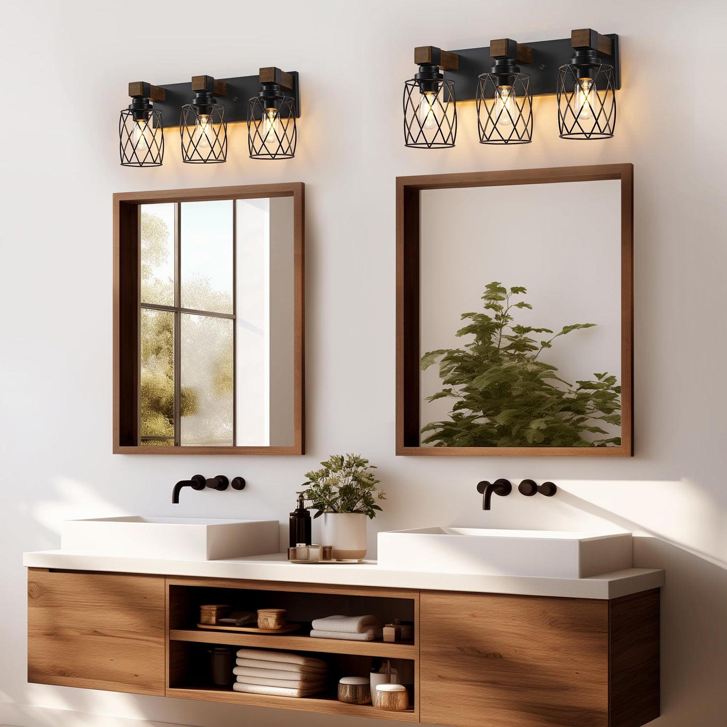 XvmBvm Farmhouse Bathroom Vanity Light, 3-Light Wood Bathroom Light Fixtures Over Mirror, Black Industrial Vanity Lights with Metal Shade, Rustic Bathrooms Lighting for Living Room, Bedroom, Hallway