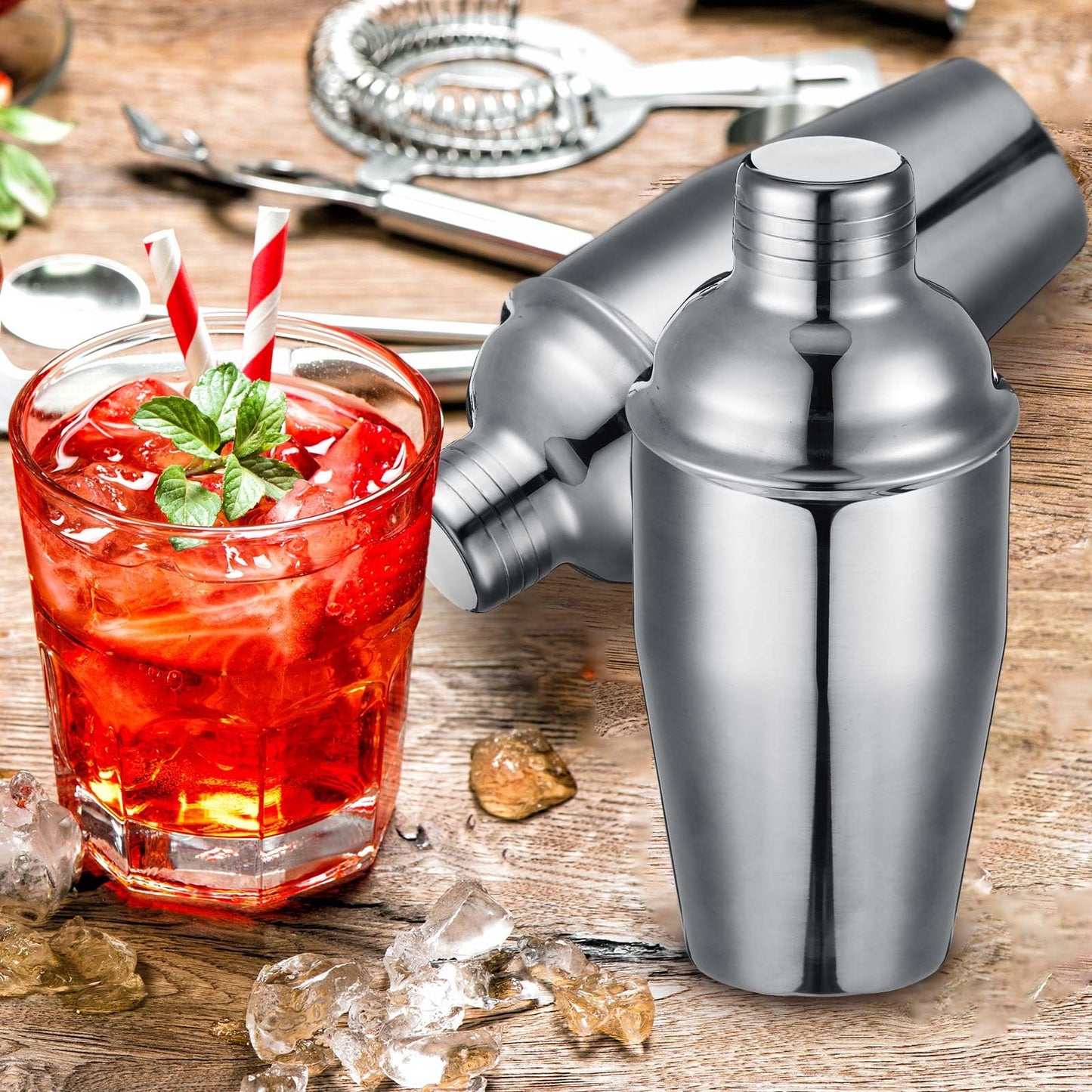 Nitial 9 Pcs Bar Cocktail Shaker Professional Stainless Steel Martini Drink Mixer with Built-in Strainer for Bartending No Leaks Boston Shaker for Bar Party Drink Mixing Tool(11.8 oz)