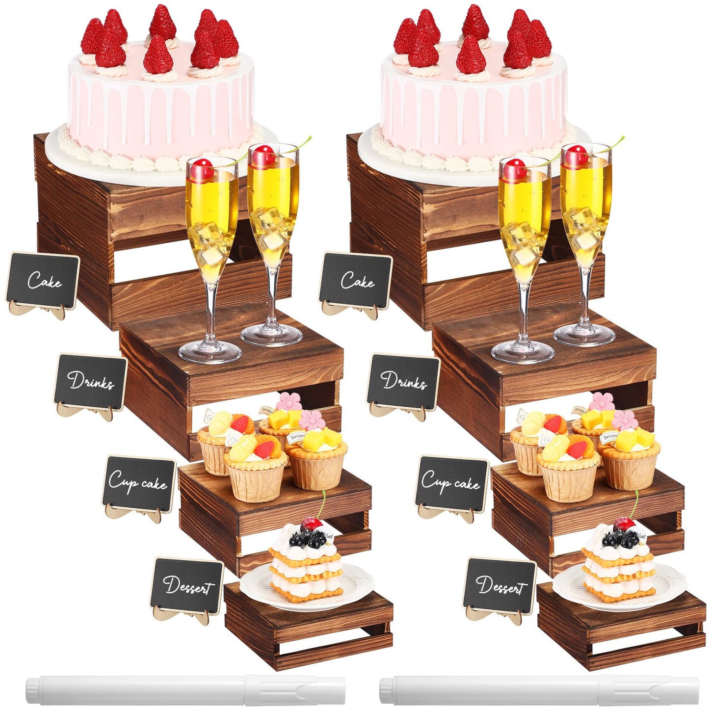 Lallisa 8 Pcs Buffet Risers with Mini Signs Bulk Food Risers for Table Rustic Wood Cake Stands Buffet Crate Wooden Dessert Display Stand with Hollow Bottoms for Wedding Birthday Party, 4 Sizes