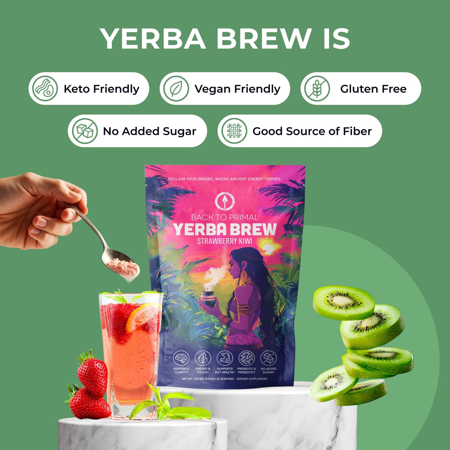 Yerba Mate Instant Tea Powder - Zero Sugar Drink with Nootropics, Prebiotics & Probiotics for Clean Energy & Focus - Coffee Alternative for Mental Clarity & Gut Health Support - Strawberry Kiwi, 30 Servings