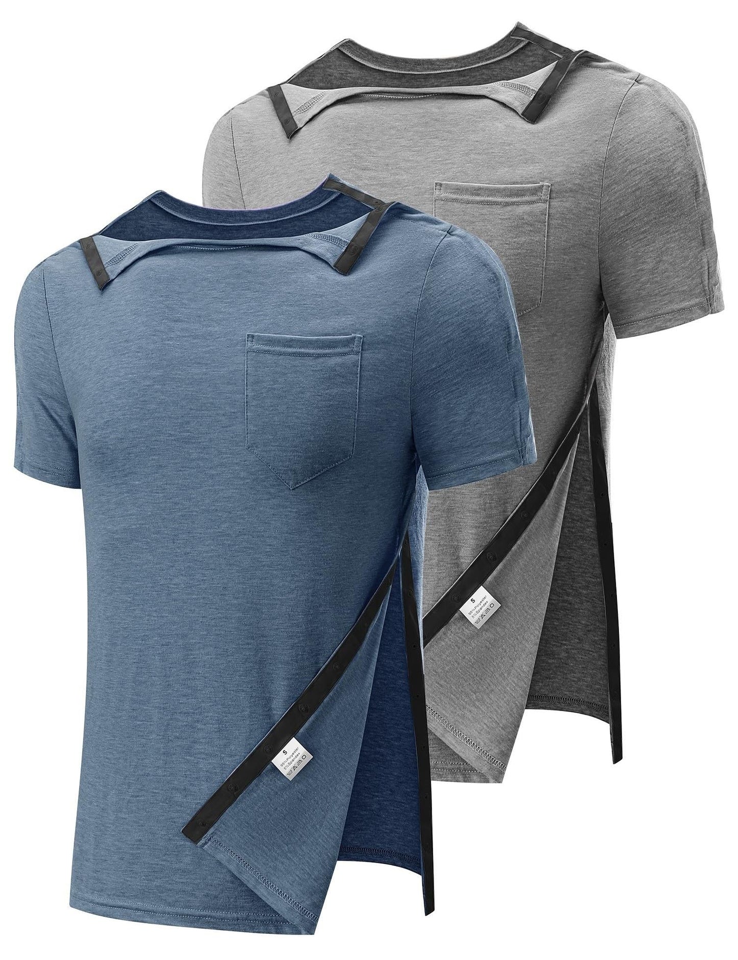 Poriff Surgery Shirts Men Arm Broken Clothes Full Snap Button Up Down Adaptive Hospital Post Operative Clothing Cancer Disabled Supplies Side Open Front Pockets Bedridden Man 2 Pack