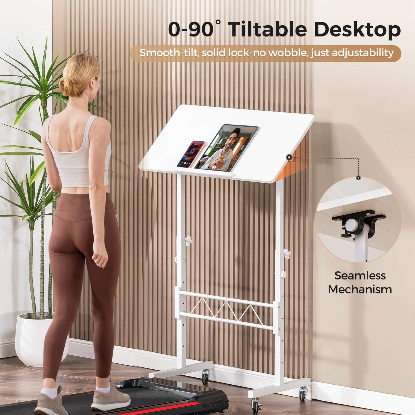 COMHOMA Standing Desk Adjustable Height & Tiltable Tabletop, Portable Stand Up Desk for Laptop, Mobile Folding Desk for Home Office Work and Walking Pad Treadmill, Height 30.7"-46.4", White