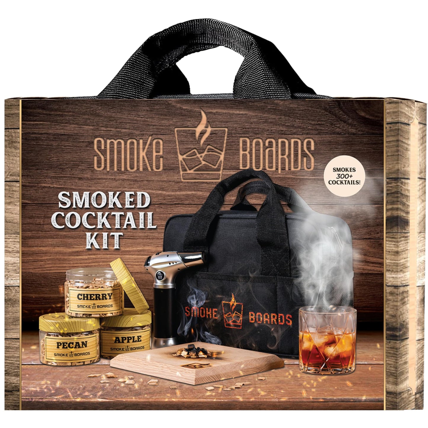 Cocktail Smoker Kit with Torch for Smoking Bourbon Whiskey Cocktails 7 Piece Old Fashioned Smoker Kit with Carrying Case Includes a Handcrafted White Oak Smoking Board with 3 Different Wood Chips