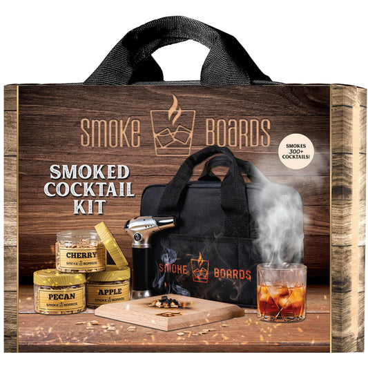 Cocktail Smoker Kit with Torch for Smoking Bourbon Whiskey Cocktails 7 Piece Old Fashioned Smoker Kit with Carrying Case Includes a Handcrafted White Oak Smoking Board with 3 Different Wood Chips