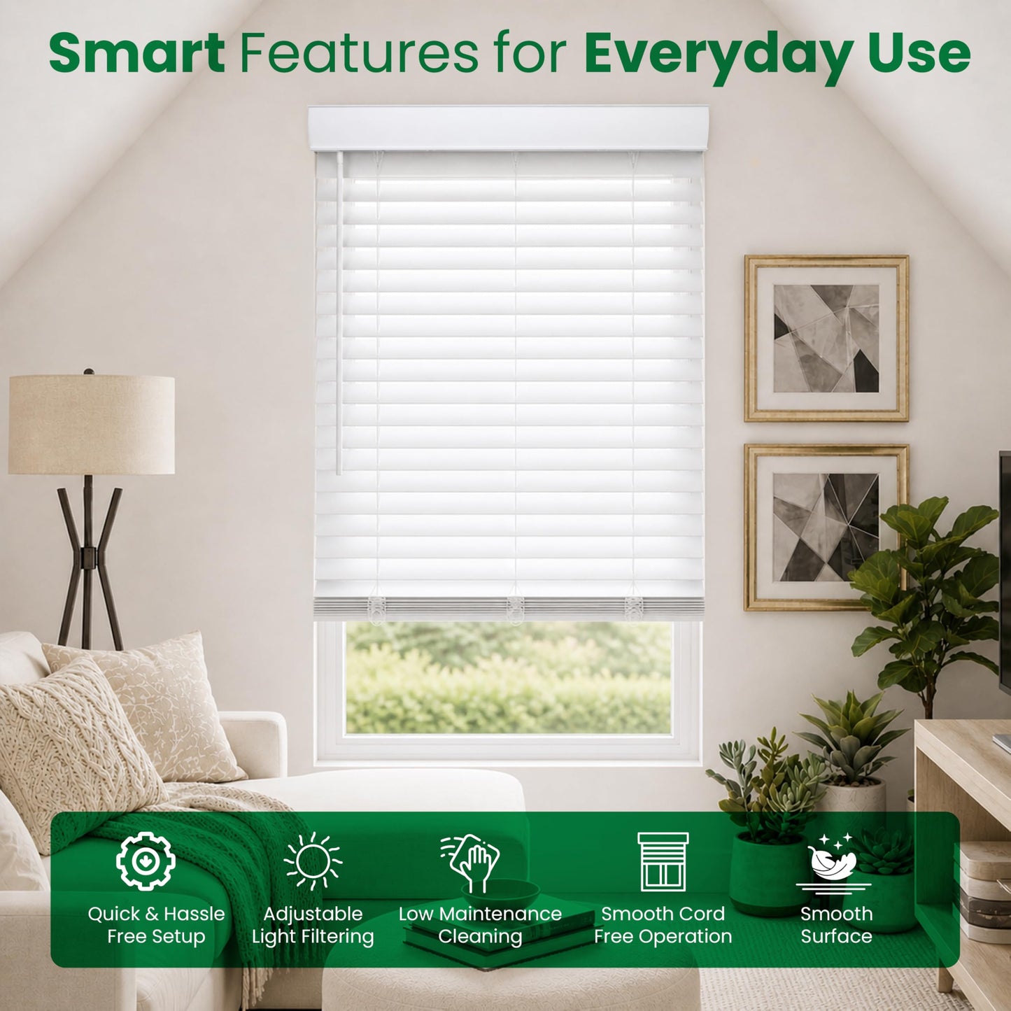 CALYX INTERIORS Faux Wood Blinds with Classic Valance, Cordless, 2" Slat, 34.5" W x 60" H, Room Darkening Shade for Windows and Doors, Pure White