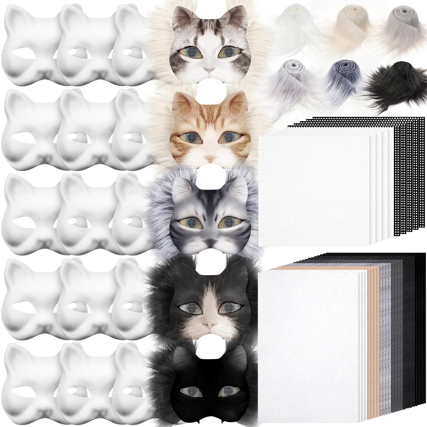 Seenelling 60 Pcs DIY Therian Mask Kit Blank Cat Mask with Felt Fabric Sheet Plush Faux Fur Eye Mesh for Therian Gear Stuff