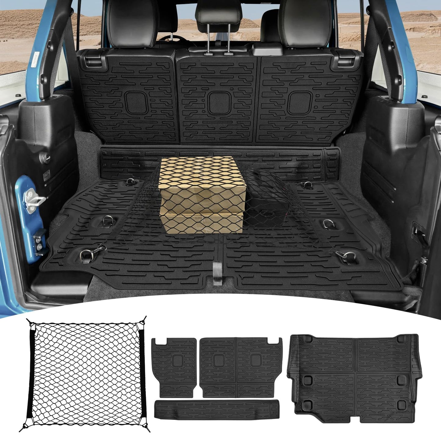 JTYZSM Cargo Mats with Net for 2021-2025 Jeep Wrangler JL Unlimited 4XE Accessories All Weather Protection Rear Seat Back Cover Trunk Liner Cargo Net for 21-25 JL JLU 4XE 4 Door(Not for 4X4)