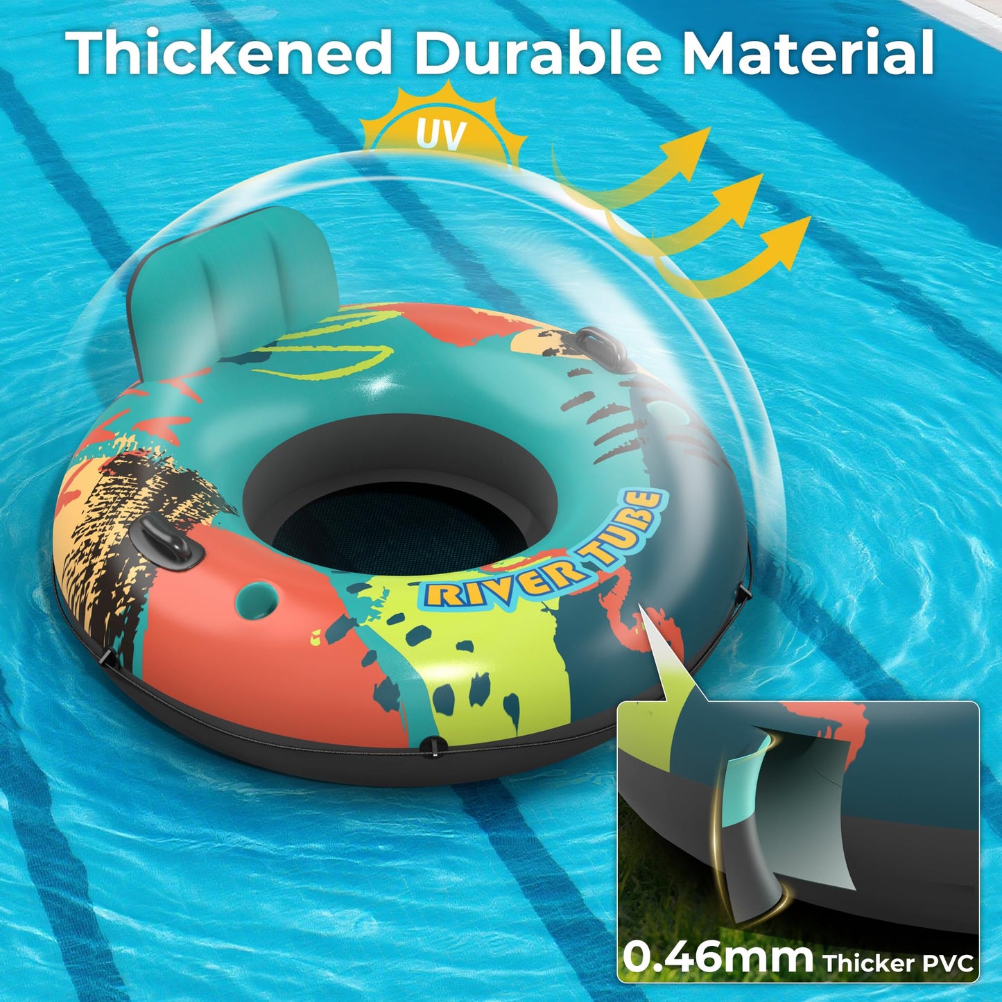 53" Heavy Duty River Tube Float for Adults,Inflatable River Raft Float for Pool Lake Beach with Built-in Cup Holders, Ergonomic Backrest,Durable Grip Handles & Grab Rope, 360Lb Weight Capacity