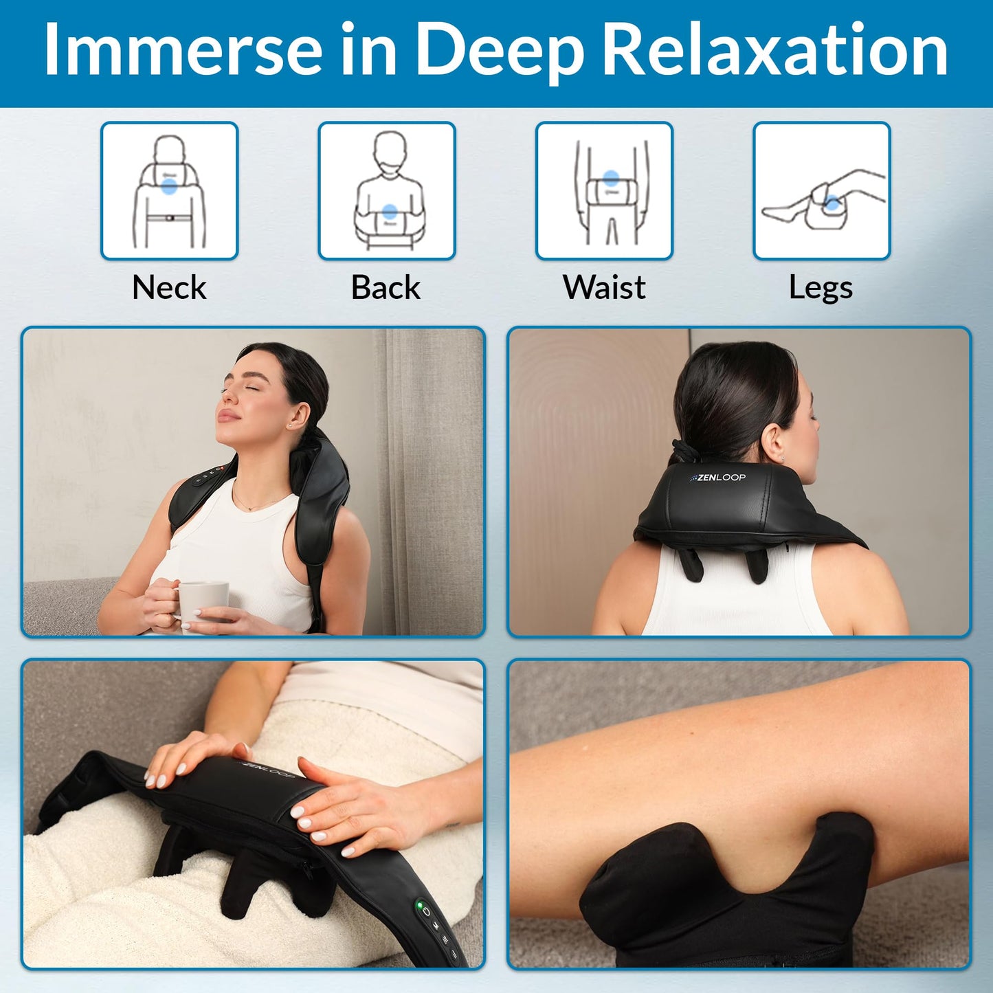 ZENLOOP Ultra-Comfort Neck & Shoulder Massager - Advanced 4D Kneading Therapy with Soothing Heat - USB-C Rechargeable - Adjustable Design, Quiet Use, Extended Battery & Durable - for Home/Office/Car
