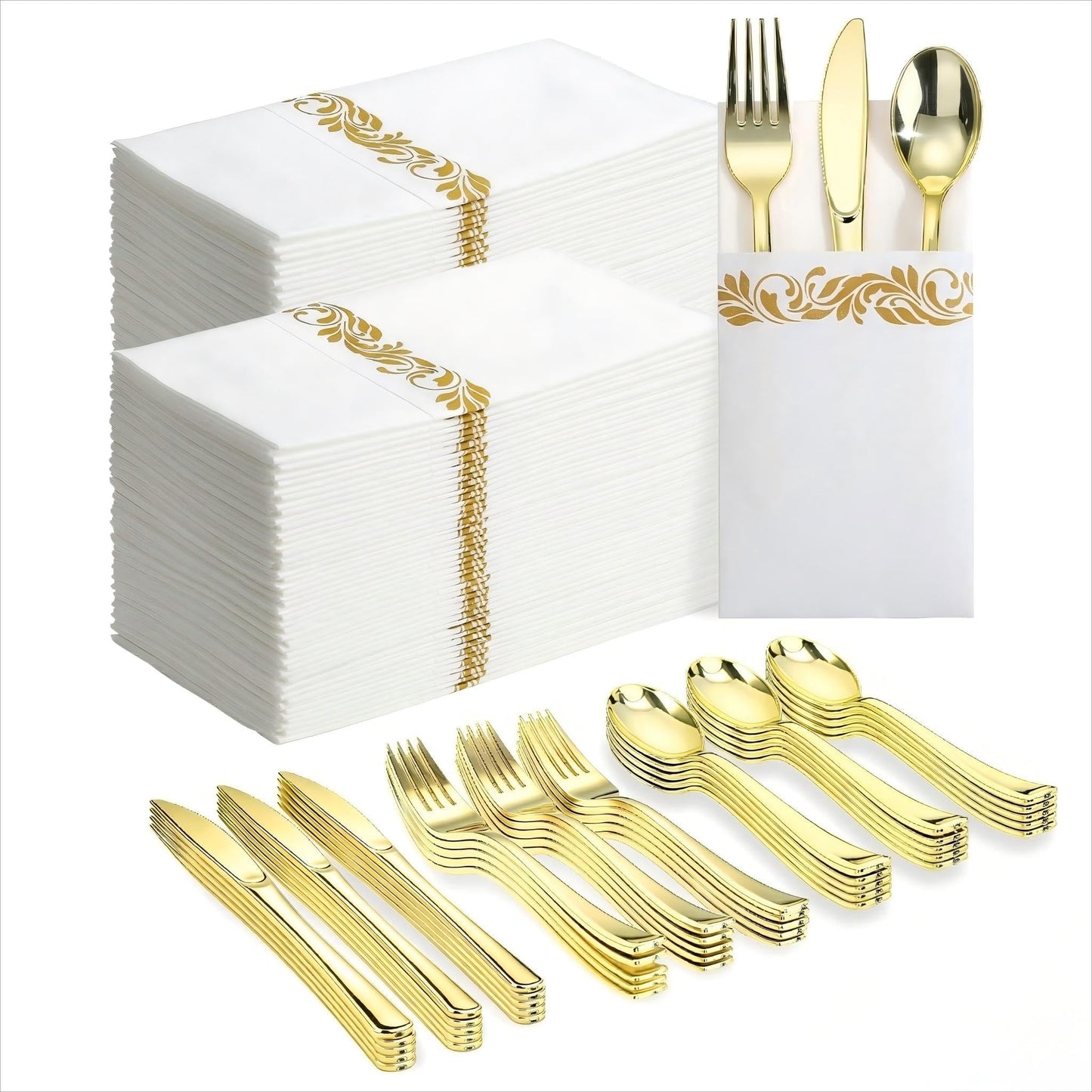 Goodluck 400 PCS Gold Plastic Silverware with Pocket Napkins for 100 Guests, Heavy Duty Disposable Cutlery Set & Linen Feel Napkins, Plastic Flatware with Guest Towels for Wedding, Party and Catering