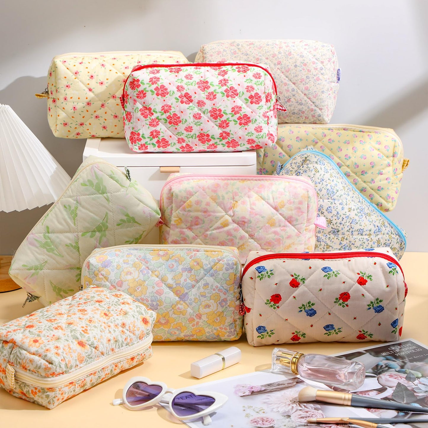 Paterr 10 Pcs Cotton Quilted Makeup Bag Floral Cosmetic Bag Coquette Aesthetic Makeup Pouch with Zipper Travel Portable Beauty Case Preppy Gifts for Women(Classic Style)