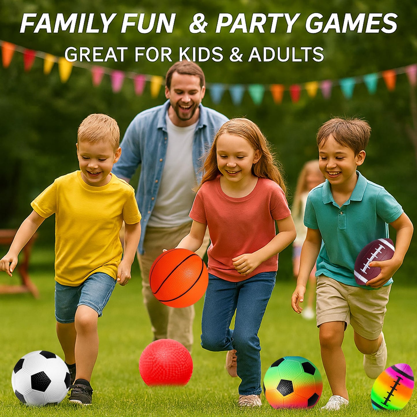COAMZPARTY 8.5 Inch Sports Balls Set 7 Pack, Playground Balls for Kids&Adults, Includes Soccer Ball, Basketball, Rainbow Ball for Outdoor & Indoor Games (8.5Inch Sports Ball Set (7 Piece))