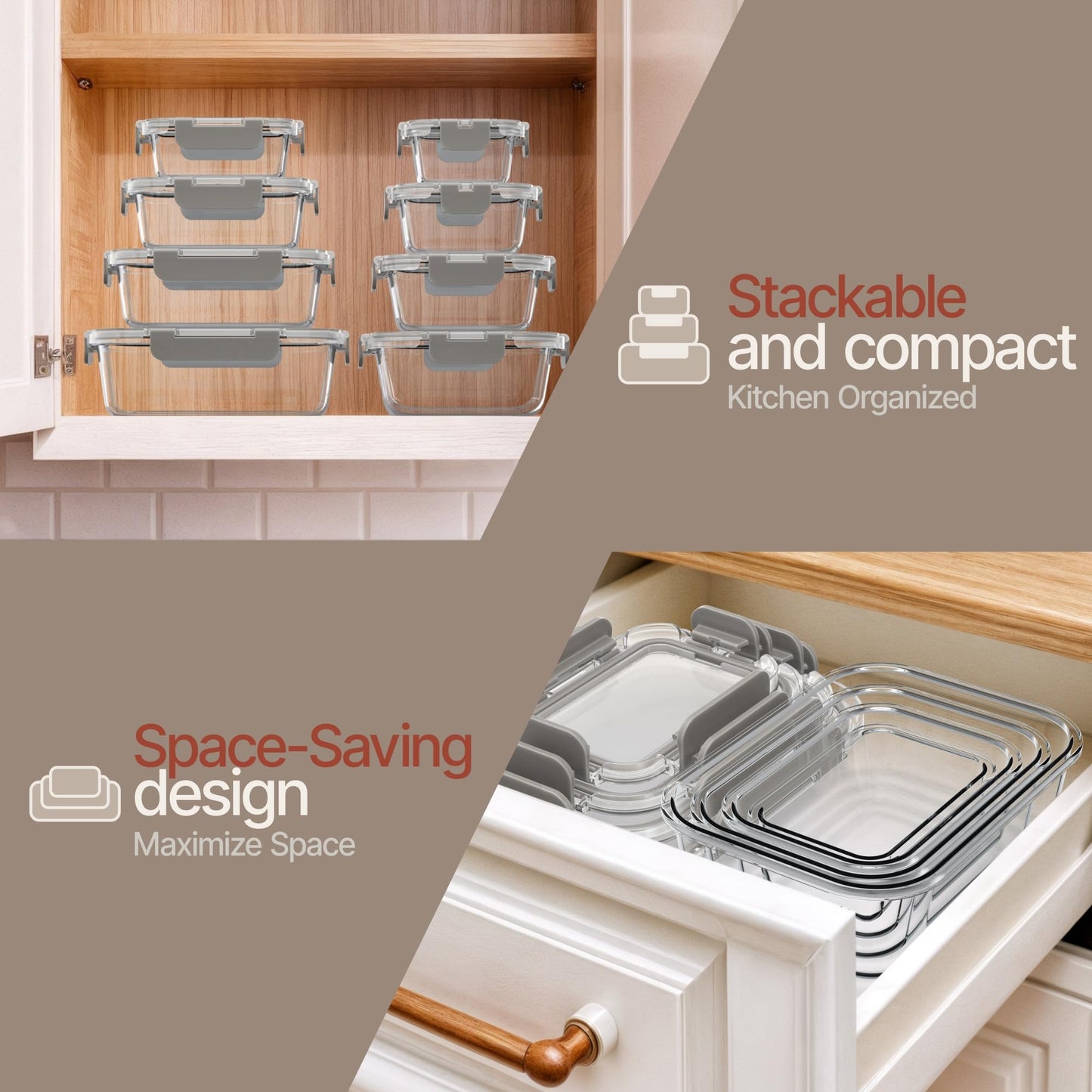 Bakken Borosilicate Glass Food Storage Containers with Lids 16 Pieces, BPA-Free Stackable Lunch & Leftover Containers, Microwave, Freezer & Dishwasher Safe, 100% Airtight Leak-Proof, Gray