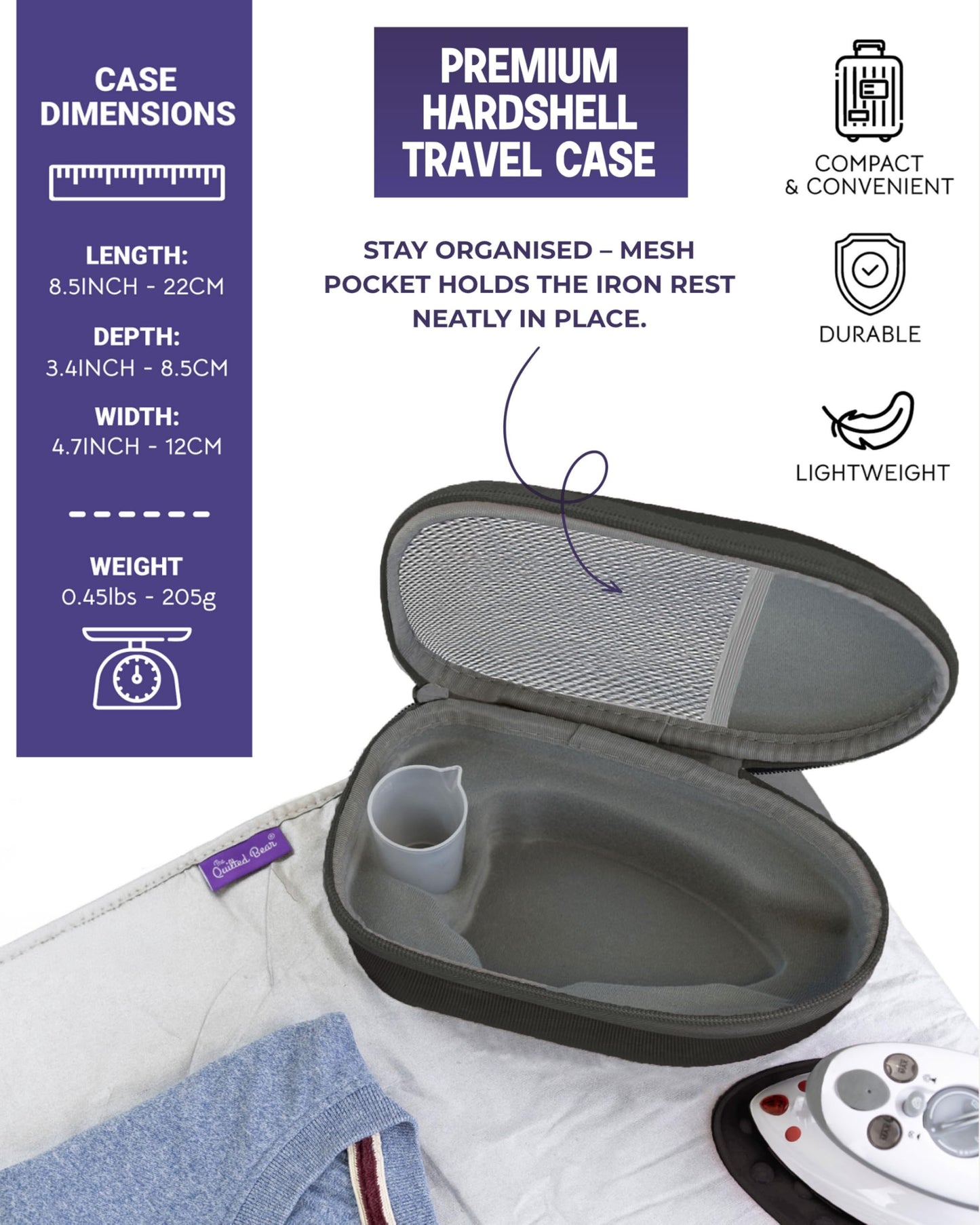 The Quilted Bear Mini Iron, Rest & Ironing Mat - Lightweight Mini Steam Iron with Hard Shell Travel Case, Rest & Ironing Mat - Travel Essentials for Wrinkle Free Clothes & Effortless Quilting (Black)