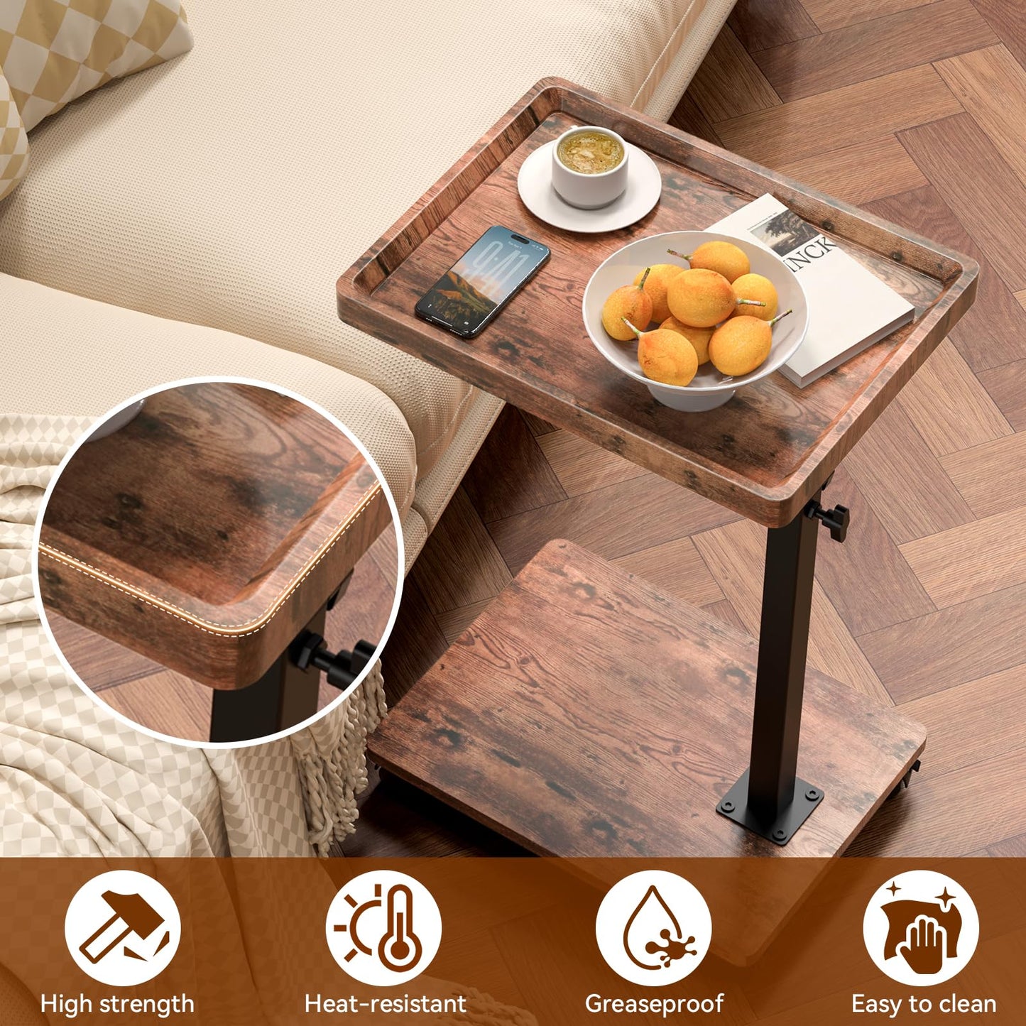 QAUUQQ C Table Side Table Adjustable Height, 360°Swivel TV Tray Table with Wheels, Small Table for Eating, Dinner, C Shaped End Tables Living Room and Bedroom for Sofa, Couch, Bed,Chair, Snack