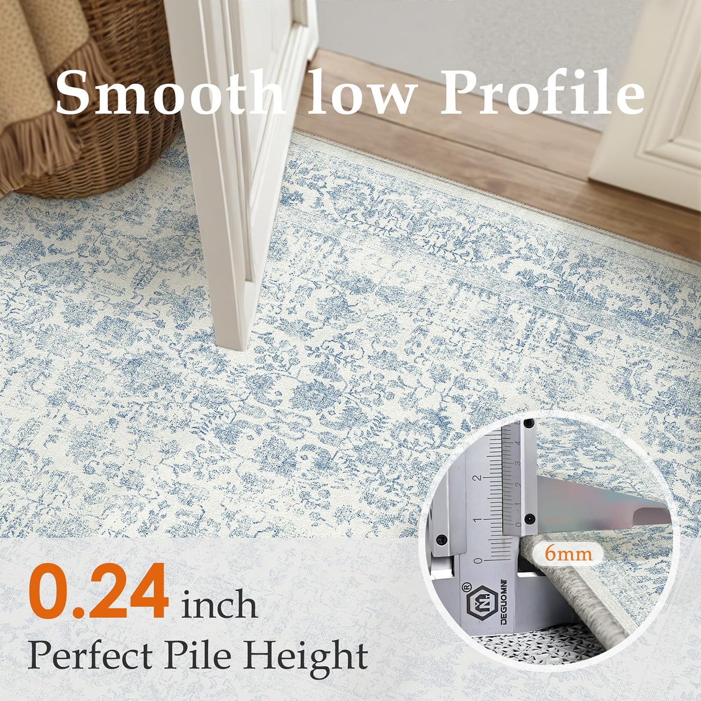 PureCozy Blue Area Rug 5x7 Machine Washable Vintage Living Room Distressed Non Slip Carpet Traditional Indoor Bedroom Retro Floral Accent Throw Large Rug Office Kitchen Bathroom Dining Room
