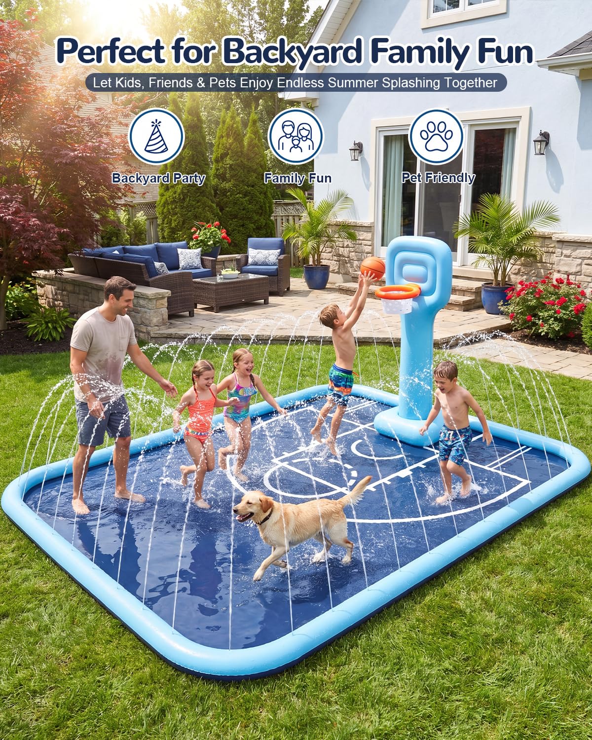 Qmioti 3-in-1 Splash Pad for Kids & Dogs, 138 x 118'' Large Sprinkler Pad with Basketball Hoop, Foldable Play Mat, Pool Summer Outdoor Water Toy