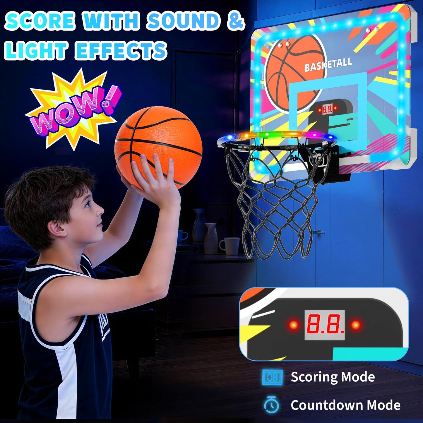 Indoor Basketball Hoop for Kids, Over The Door Basketball Hoop with Scoreboard, Foldable Breakaway Rim & 4 Balls, Mini Hoop Door Room Goal, Basketball Toys Gifts for 4-12 Year Old Boys Girls Teens