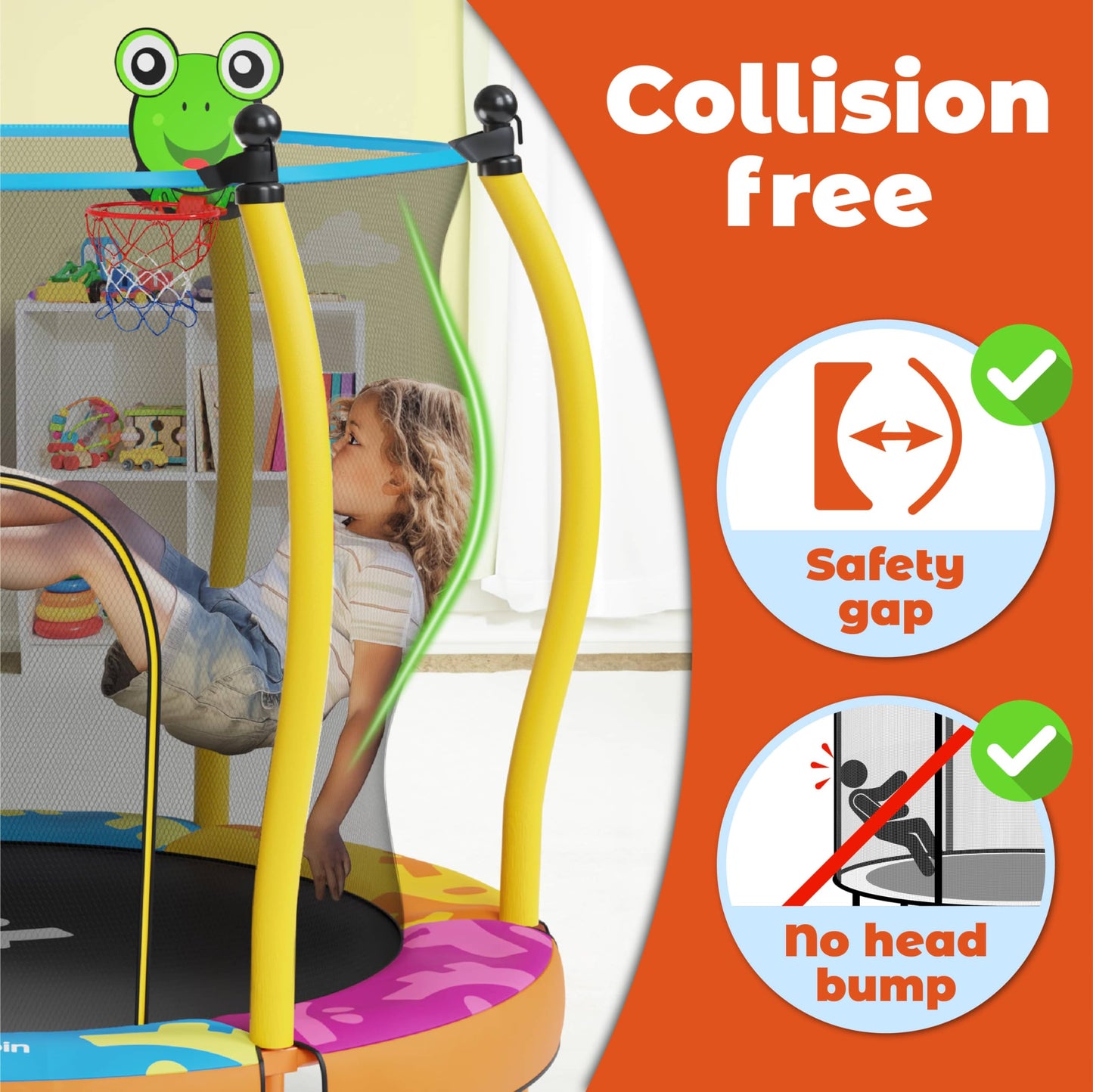 Happin 55” Toddler Trampoline, Indoor & Outdoor Playset Ages 1-8, 5FT Kids Trampoline, Ultra Safe Mini Trampoline for Kids with Safety Enclosure Net, Gifts for Birthday Boys & Girls, Basketball Hoop
