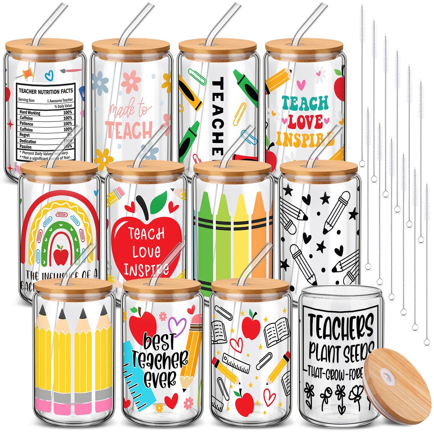 Yetene 12 Sets End of Year Teacher Gifts Bulk 2026 Teacher Appreciation Glass Cup with Lid and Straw 16 oz Apple Crayon Pencil Iced Coffee Tumbler Thank You Gifts for Daycare Preschool Graduation
