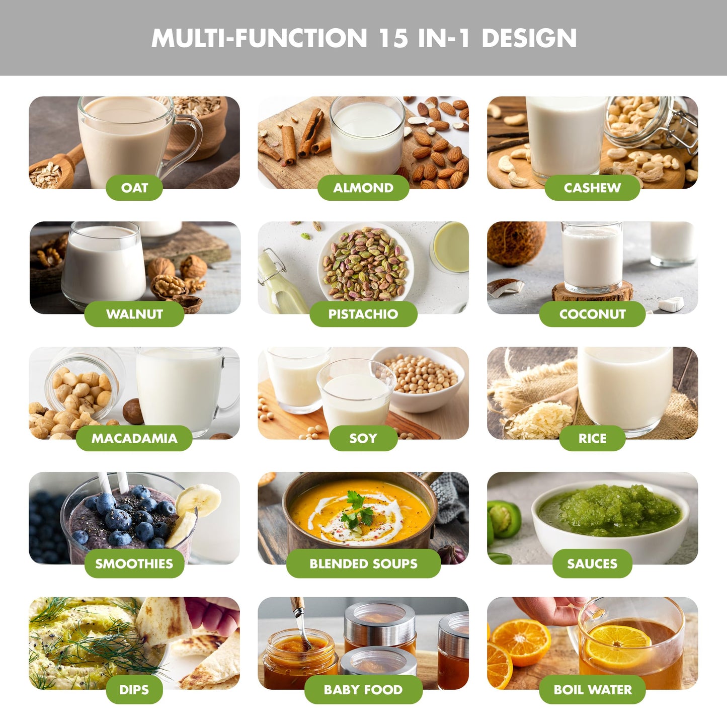 GreenPan Nut Milk Maker, 15-in-1 Homemade Soy, Almond, Oat, Coconut, Non-Dairy, Rice, Soup, Baby Food, BPA-Free, Smooth Creamy Texture, Self Clean, Barista Quality Milk, Delay Start, Boil Water, Cream