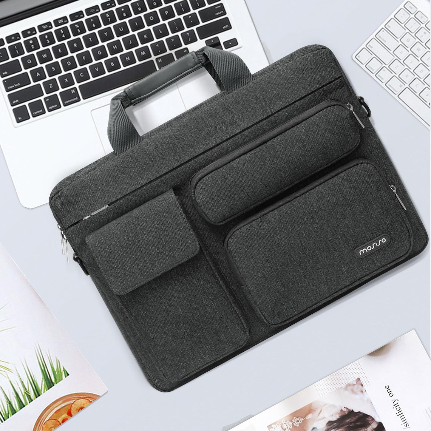 MOSISO Laptop Shoulder Bag 15.6 inch, 15-15.6 inch Computer Bag Compatible with MacBook Pro 16 inch, HP, Dell, Lenovo, Notebook with 2 Raised&1 Flapover&1 Horizontal Pocket&Handle&Belt, Charcoal Gray