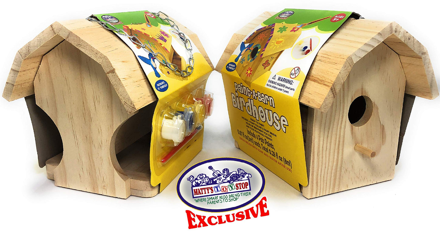 Matty's Toy Stop Paint-A-Barn Wooden Birdhouse & Bird Feeder (Includes Paints & Brushes) Gift Set Bundle - 2 Pack