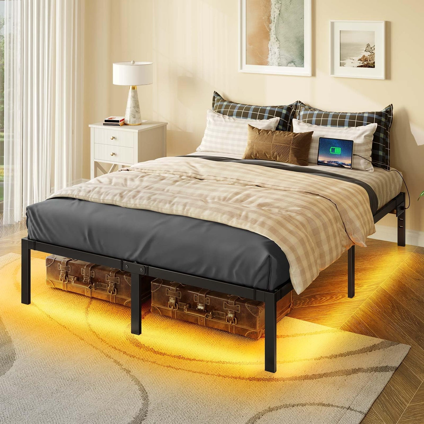 Rolanstar Bed Frame with USB Charging Station, Queen Bed Frame with LED Lights, Platform Bed Frame with Heavy Duty Steel Slats, 14" Storage Space Beneath Bed