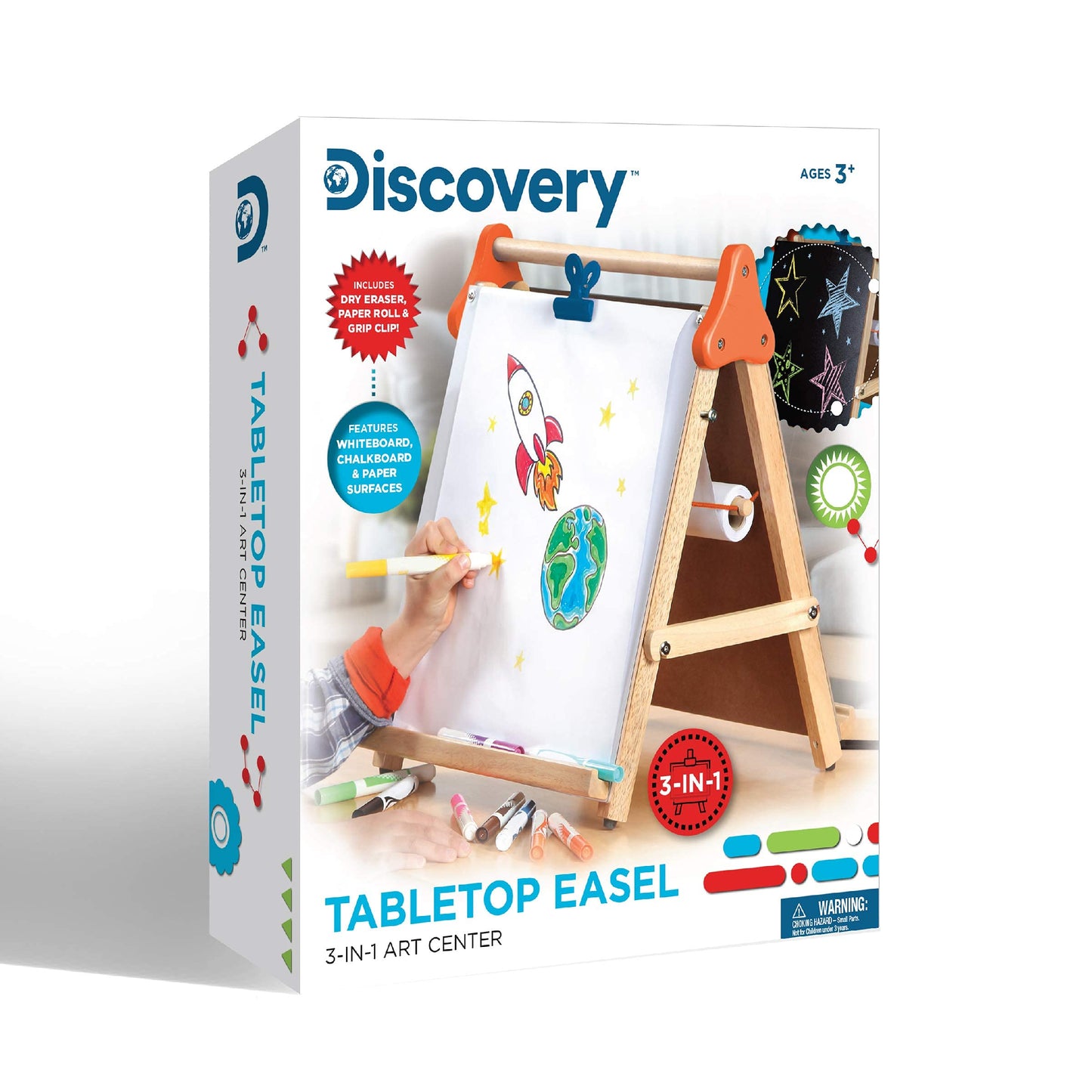 Discovery Kids 3-in-1 Tabletop Dry Erase Chalkboard Painting Art Easel, Includes Paper Roll and Oversized Clip, 17 x 15 Inch Wood Frame, Perfect for Children 3+ | Foldable/Portable for Countertop Play