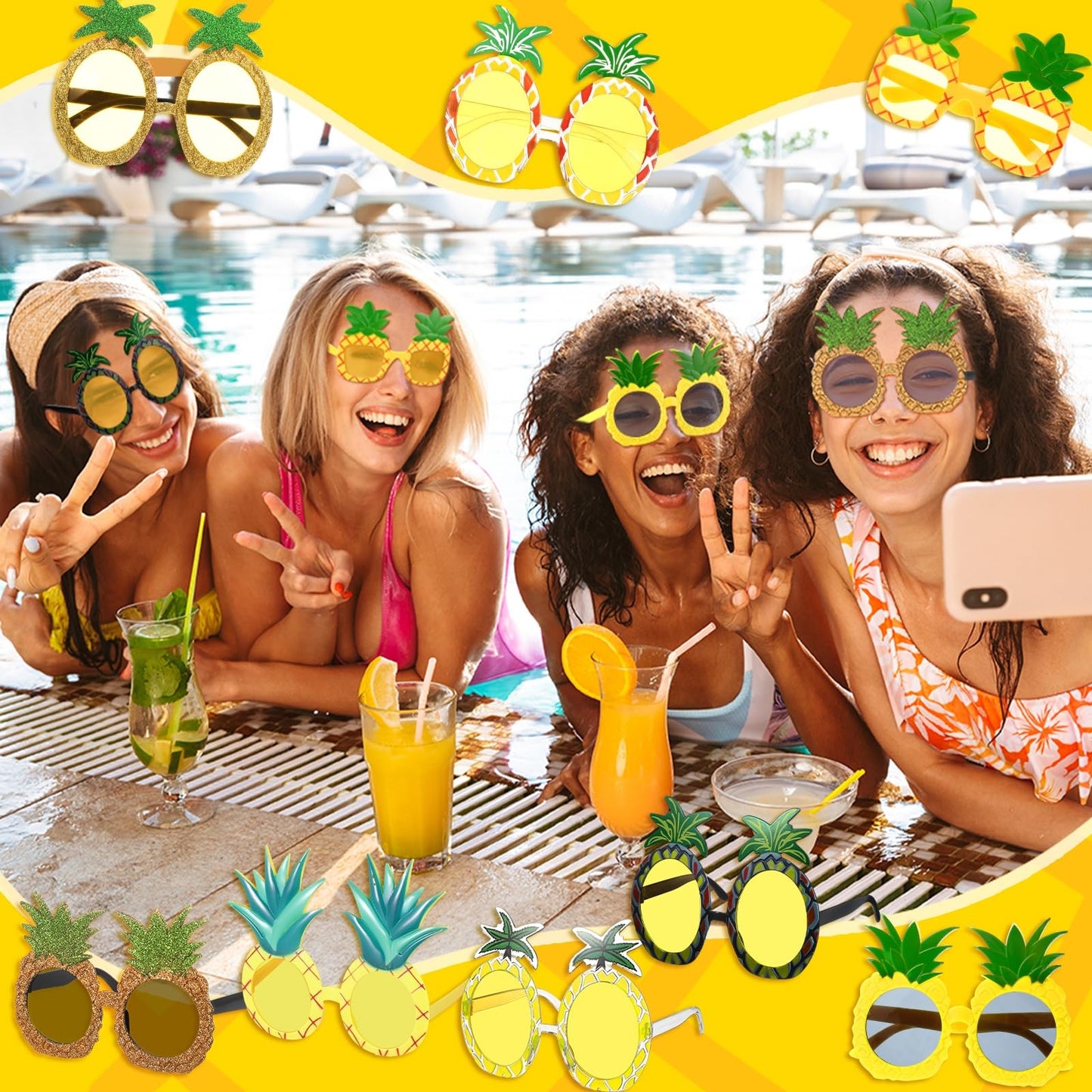 Kanayu 24 Pairs Pineapple Sunglasses Luau Party Sunglasses Tropical Hawaiian Fruit Shape Eyewear Novelty Booth Props Pineapple Party Favors for Summer Pool Beach Luau Theme Party Accessories