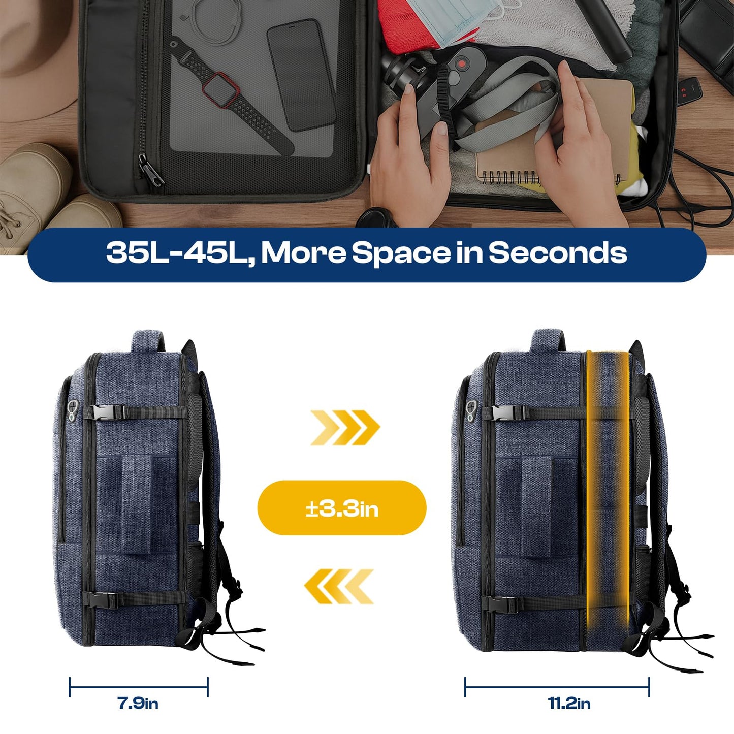 Sirmaeed Carry on Backpack, 35L-45L Expanable Travel backpack,TSA Airplane Approved, Daypack Weekender Bag Fits 17 Inch Laptop, Travel Gifts for Men, Blue