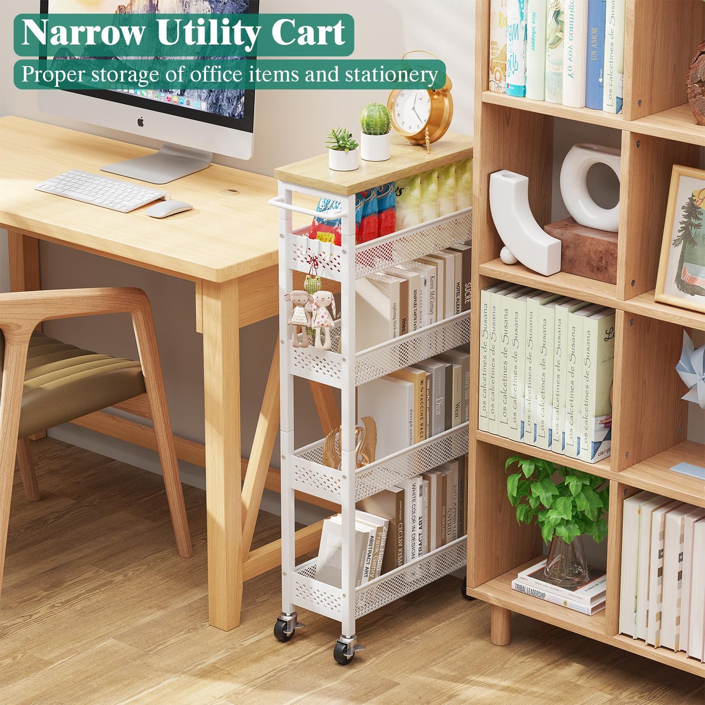 Giwil Slim Storage Cart 5 Tier Narrow Kitchen Rolling Cart on Wheels for Small Space, Metal Utility Cart Narrow Bathroom Storage Cabinet Mobile Shelf Unit Organizer with Wood Top and Handle, White