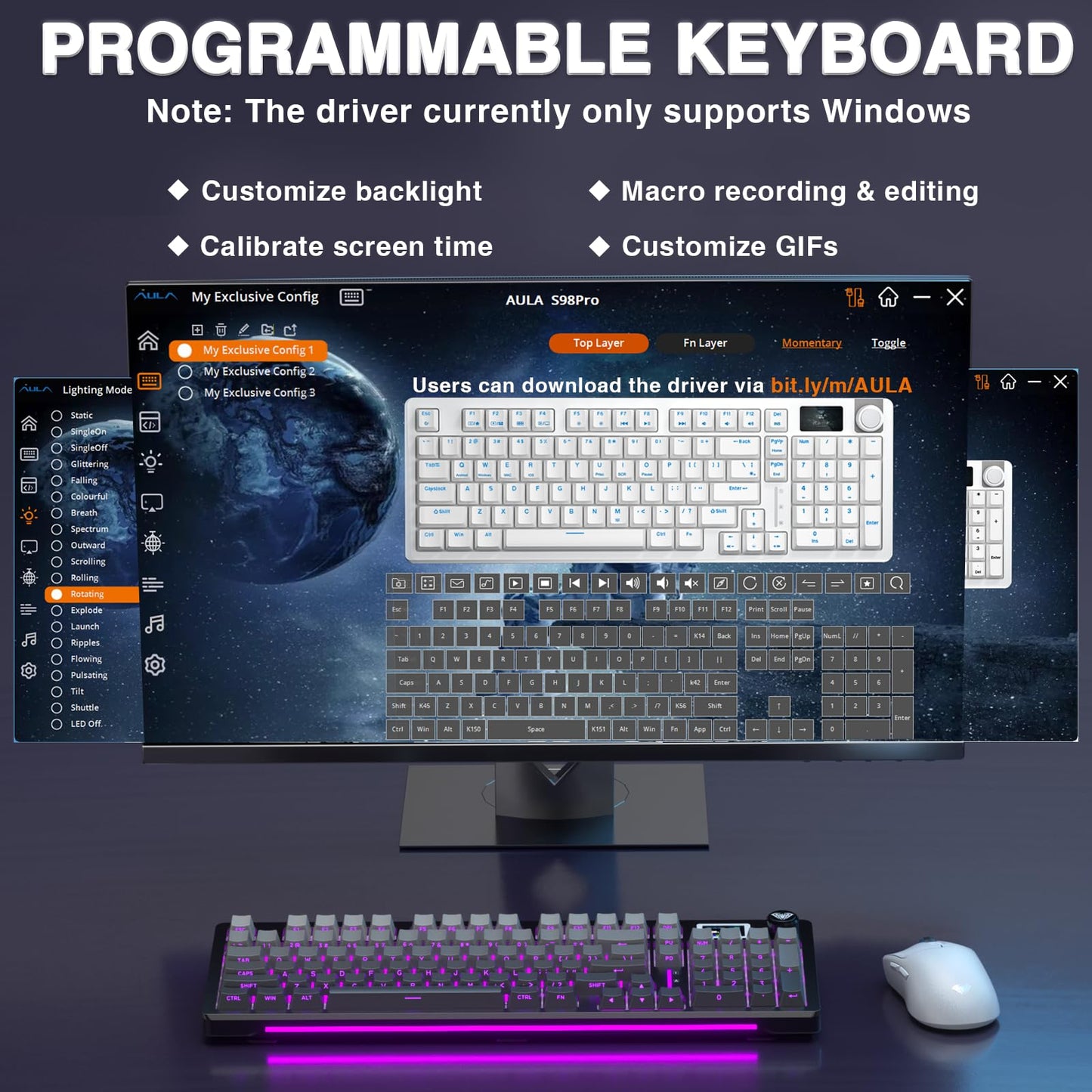 AULA S98 Pro Wireless Mechanical Keyboard with Screen & Knob,2.4GHz/USB-C/BT5.0 Gasket Hot Swappable Creamy Keyboard,Pre-lubed Linear Switches,Side Printed PBT Keycaps,RGB Backlit Gaming Keyboard