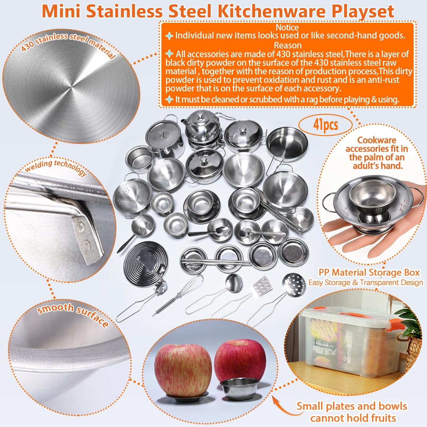 Mini Size Kids Kitchen Pretend Play Toys Accessories with Stainless Steel Cookware Pots and Pans Set,Classic Kitchen Accessories Cooking Utensils Set Tiny Role Play Cooking Play Toy for Kids Toddlers