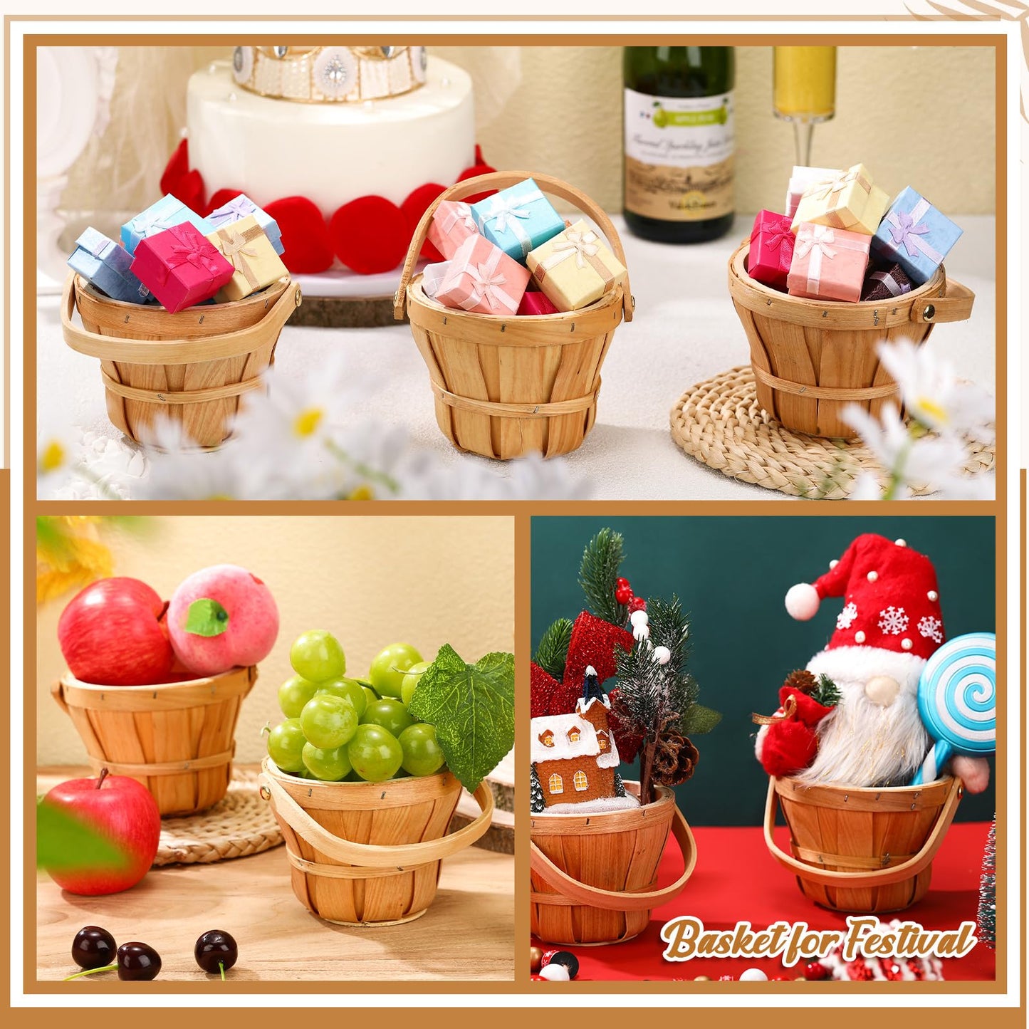 Marsui Mini Wooden Apple Baskets Bulk for Gifts 4 x 5.1 Inch Mini Berry Baskets with Handle for Picnic Garden Picking Fruit Strawberry Flowers Crafts Picnic Home Wedding Party Decor(10 Pcs)