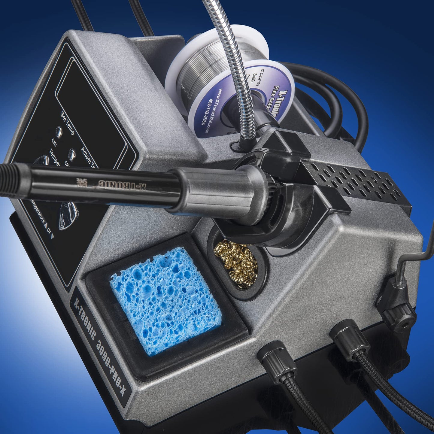 X-Tronic 3090-PRO-X – 75 W Soldering Iron Station – 5 Extra Tips, 2 LED Displays, Sleep Func, C/F, 3 Temp Presets, Mini Mag Lamp, 4 Helping Hands, Solder Sucker, Tweezers, Solder, Brass & Wet Sponges