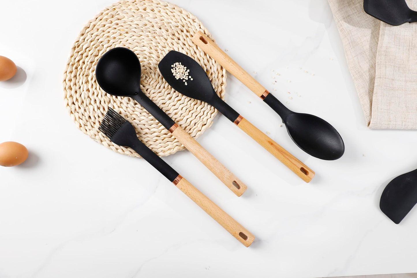 Jiufei Home Silicone Cooking Utensils Set, Kitchen Utensils Set 13 Pcs for cooking, BPA Free Spatula Set with Heat Resistant Wood Handles for Nonstick Cookware (Black)