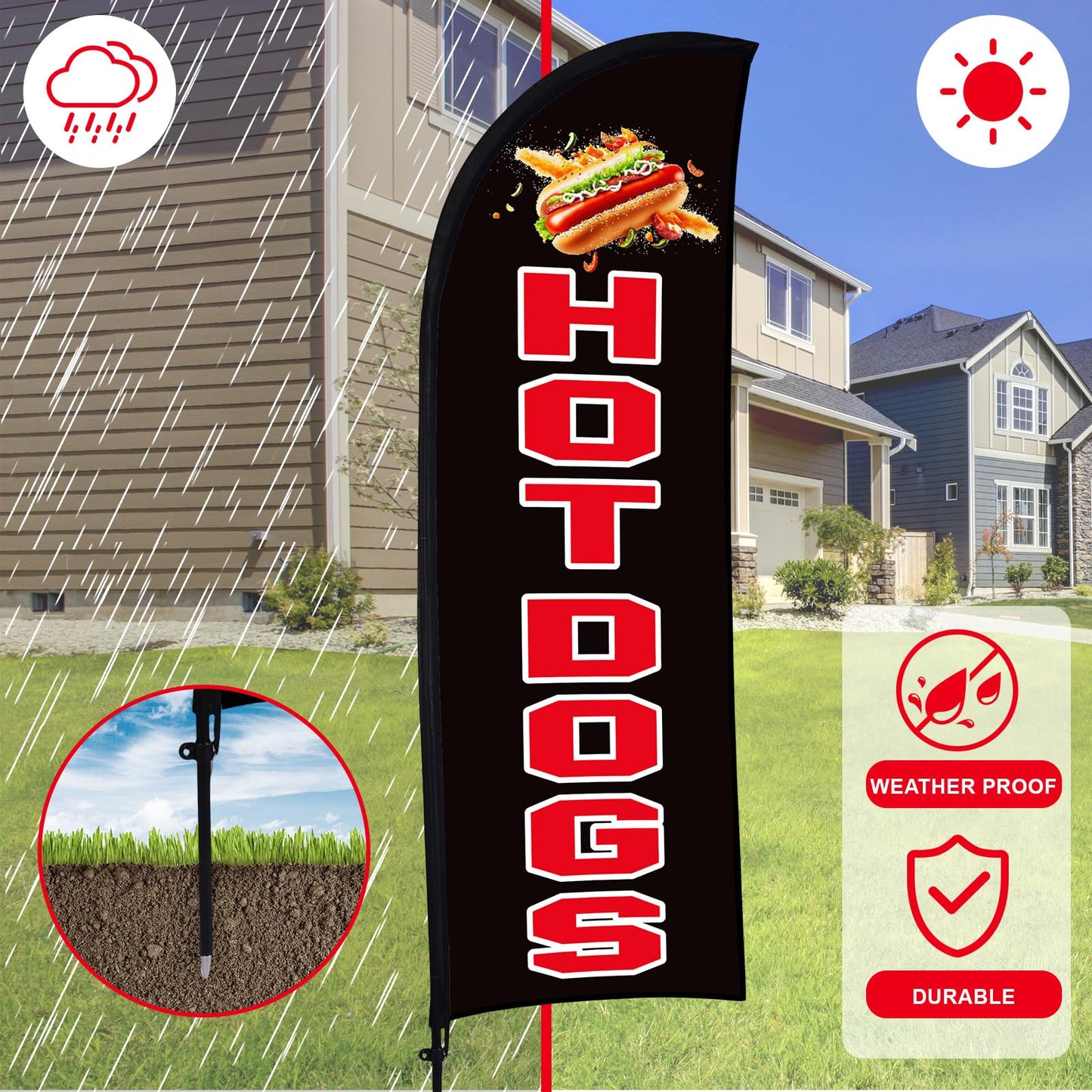 Buryeah 2 Sets Hot Dogs Feather Flag Kit 7 x 5.4 ft Hot Dogs Swooper Flag Pole Kit with Pole Ground Stake and Portable Bag Hot Dog Sign for Restaurant Advertising Business Outside Ground (Black)